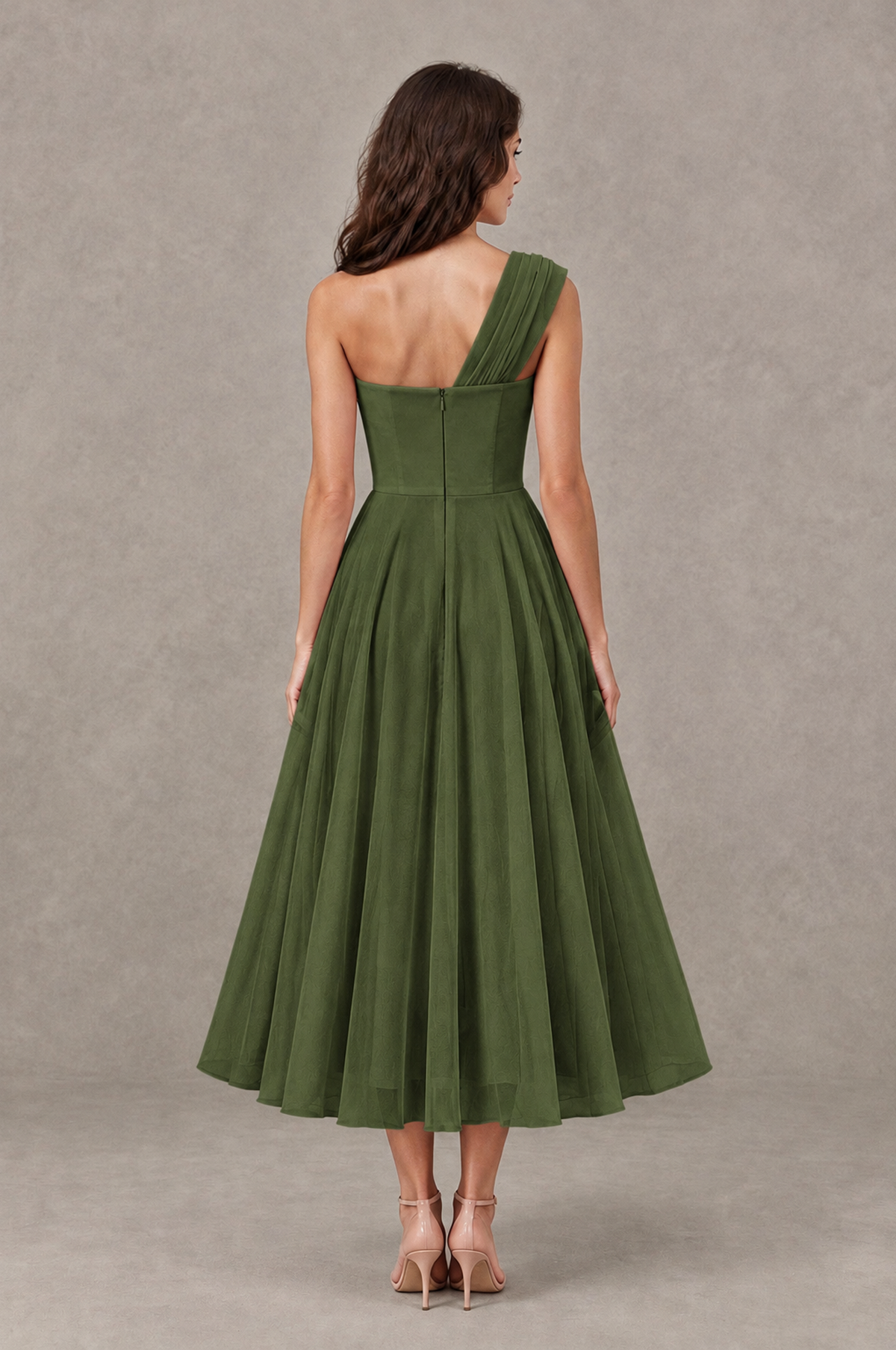 BOLODOO Olive Green One-Shoulder Floral Tulle Tea-Length Dress - Olive Green - Olive Green_02
