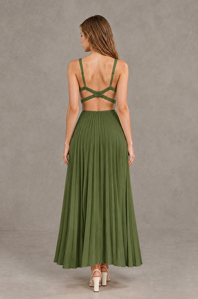 BOLODOO Olive Green V-Neck Pleated Open-Back Maxi Dress - Olive Green - Olive Green_02