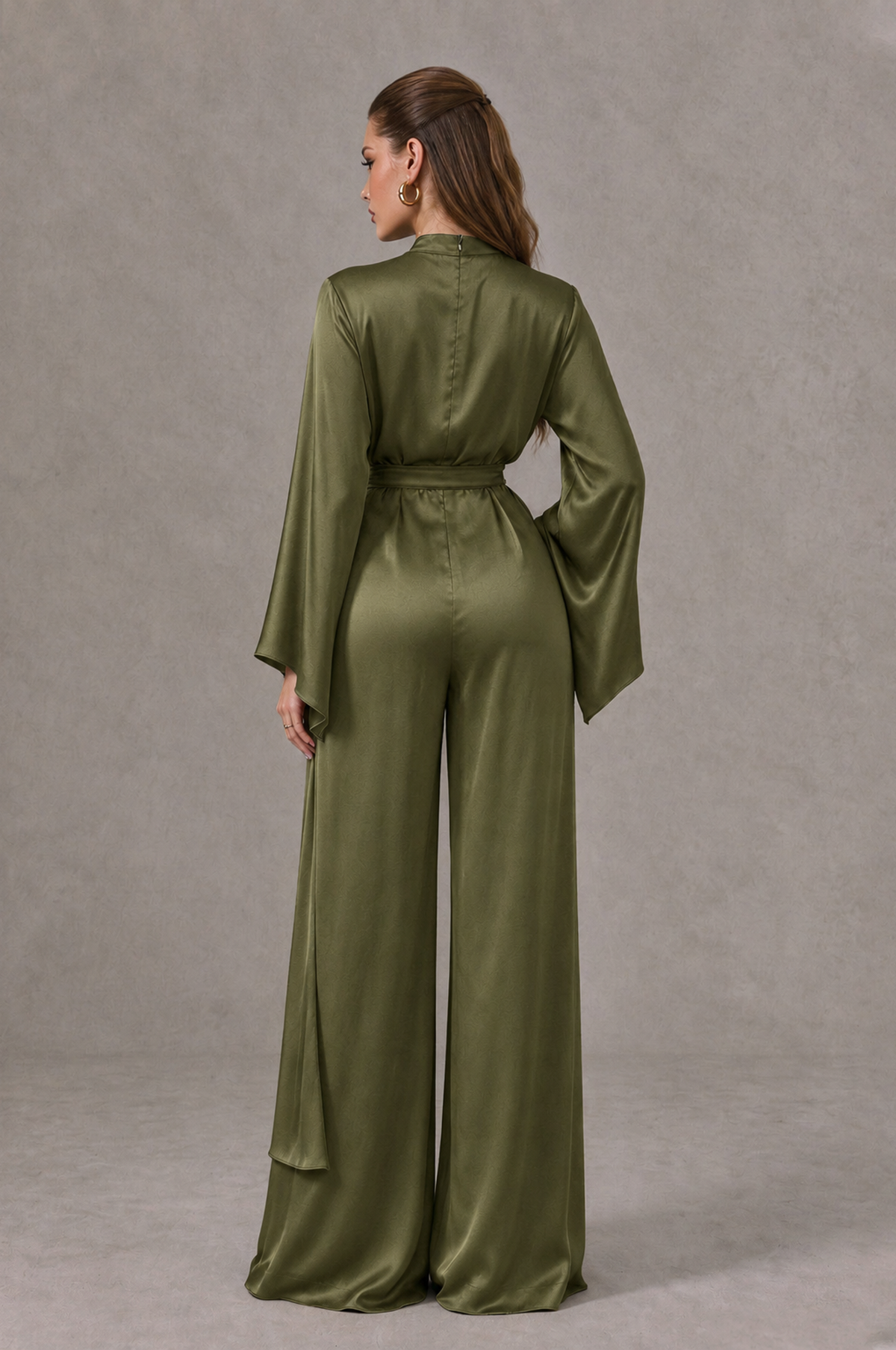 BOLODOO Olive Green Satin-Look Long Sleeve Wide-Leg Jumpsuit - Olive Green - Olive Green_02