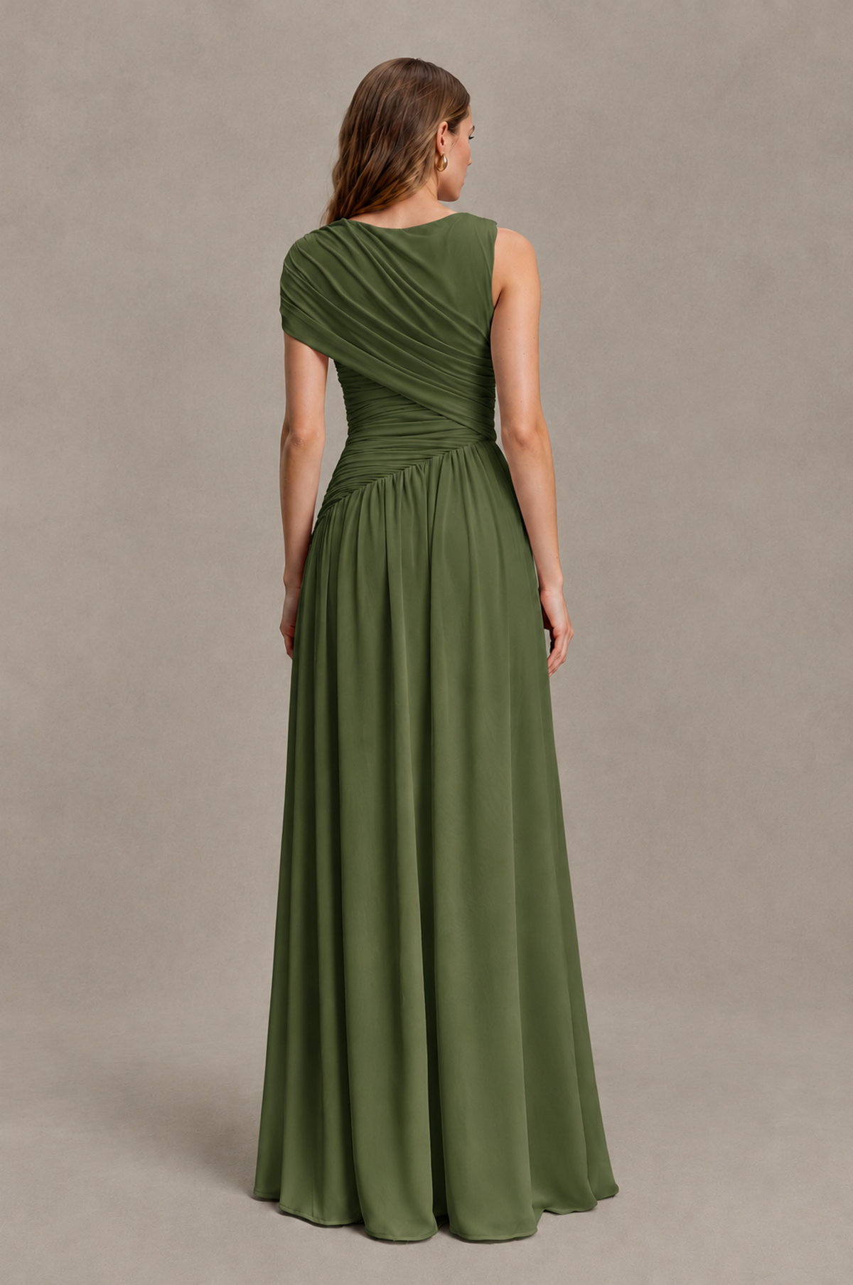 BOLODOO Olive Green One-Shoulder Ruched Floor-Length Bridesmaid Dress - Olive Green - Olive Green_02