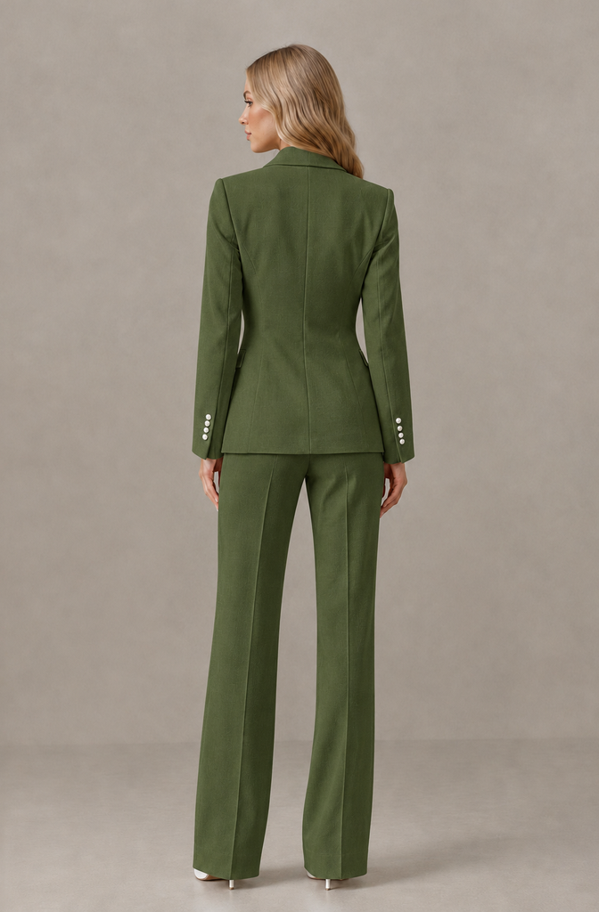 BOLODOO Olive Green Women's Three-Piece Pantsuit with Blazer & Vest - Olive Green - Olive Green_02