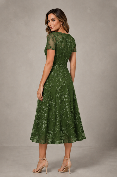 BOLODOO Olive Green Textured Floral A-Line Dress with Short Sleeves - Olive Green - Olive Green_02