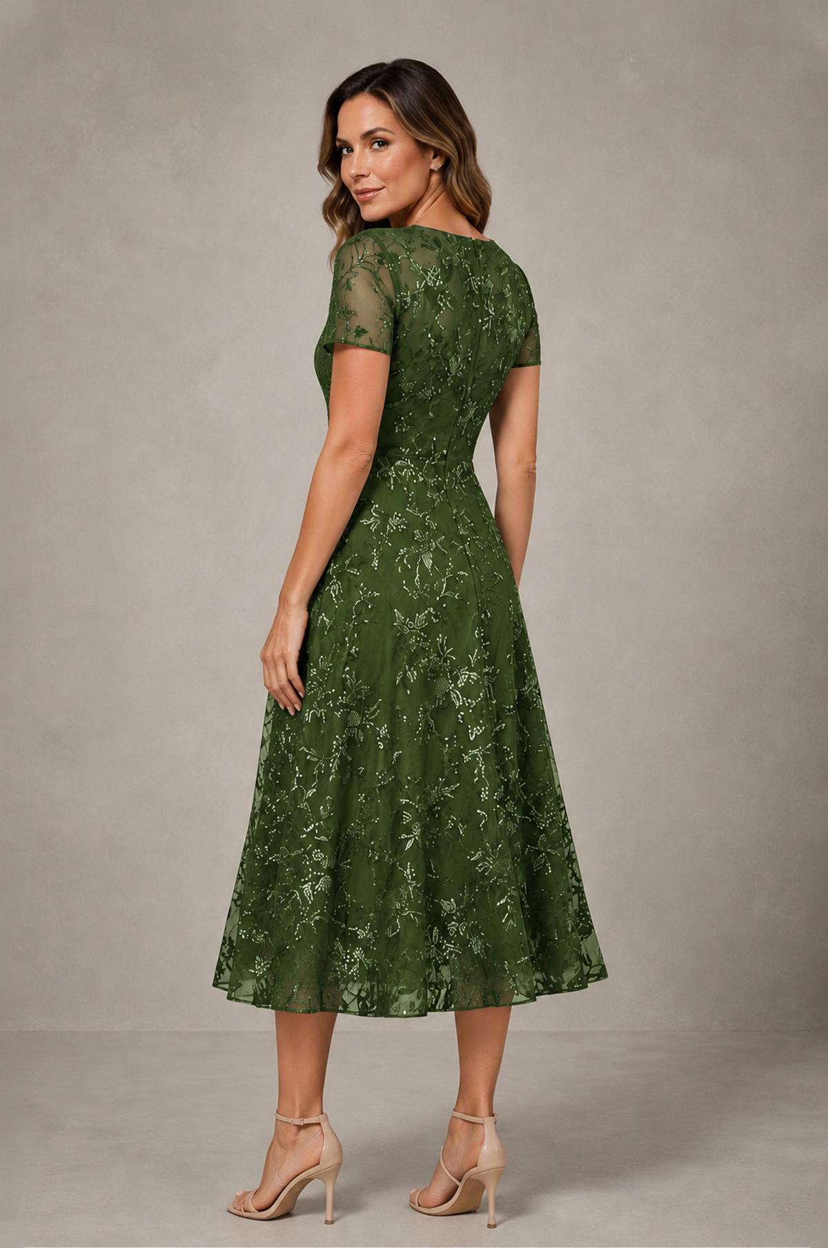 BOLODOO Olive Green Textured Floral A-Line Dress with Short Sleeves - Olive Green - Olive Green_02