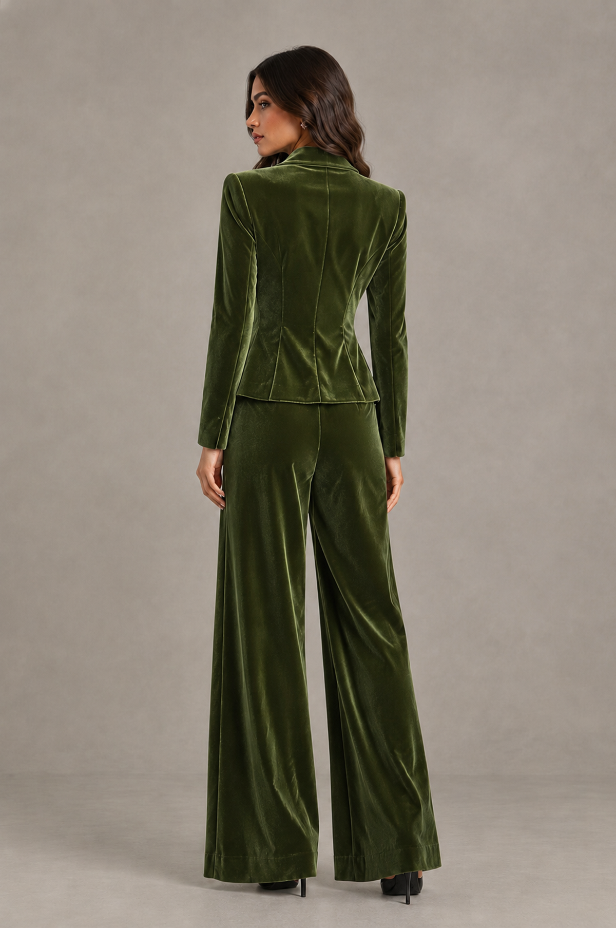 BOLODOO Olive Green Velvet Two-Piece Pantsuit with Long Sleeve Blazer & Wide-Leg Trousers - Olive Green - Olive Green_02