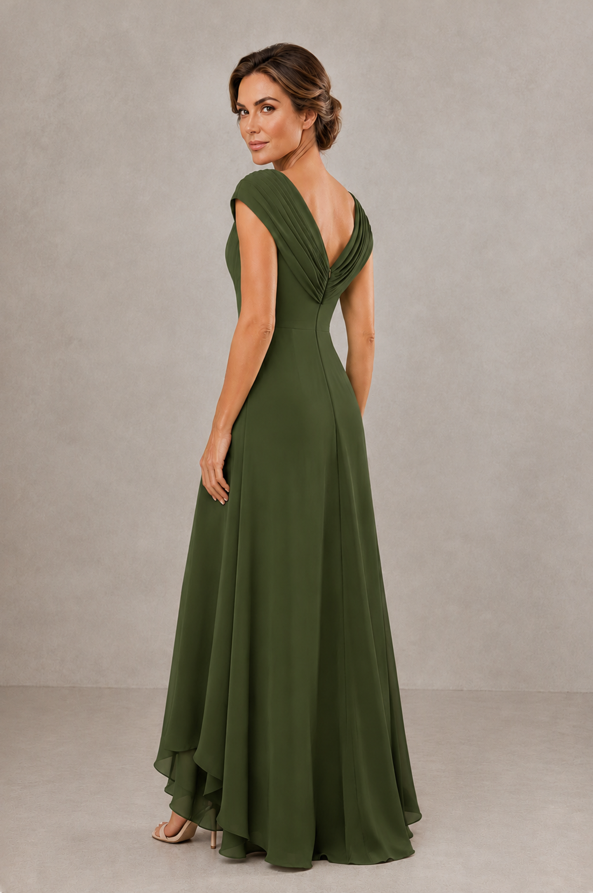 BOLODOO Olive Green V-Neck High-Low Mother of the Bride Dress - Olive Green - Olive Green_02
