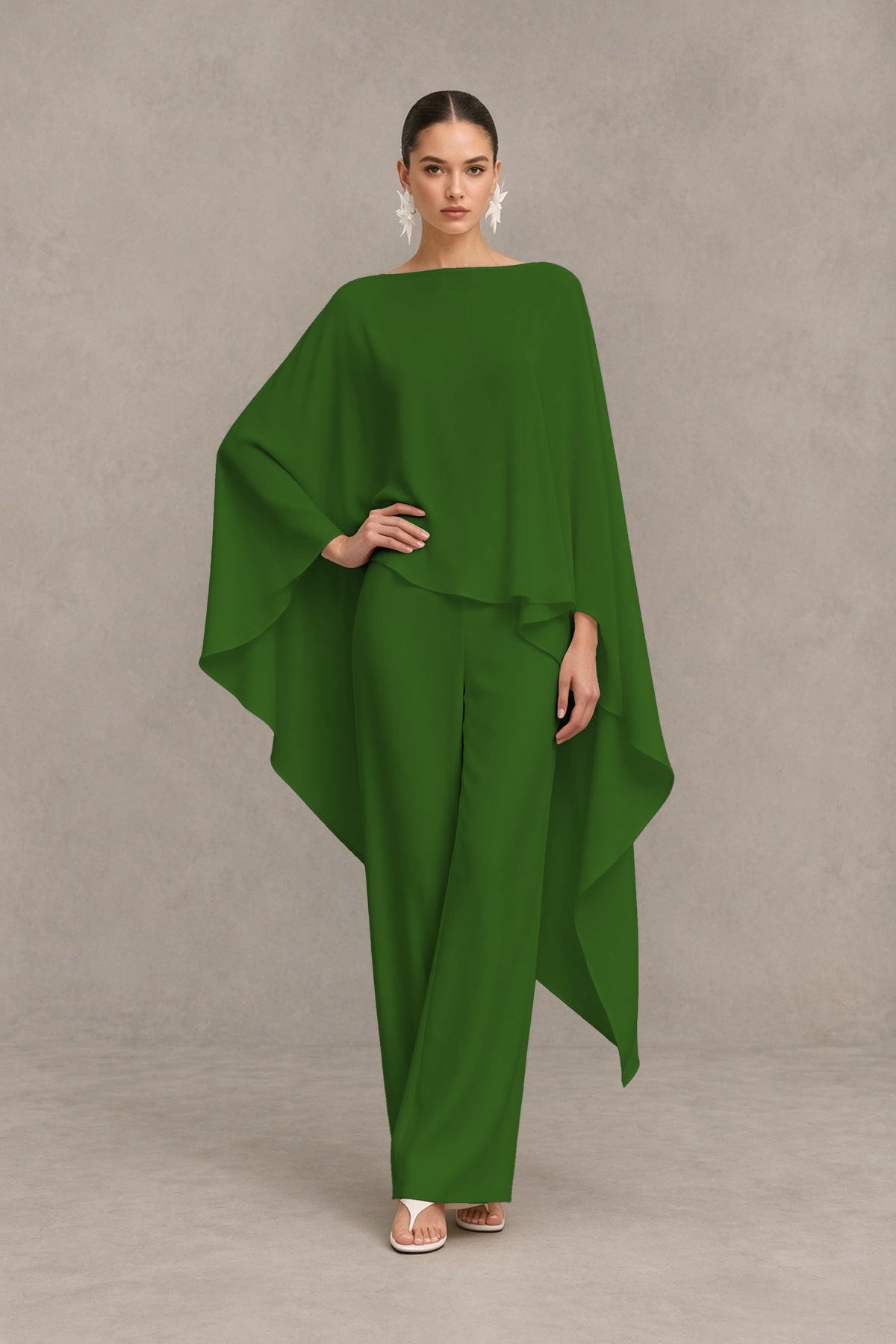 BOLODOO Olive Green Cape Sleeve Wide-Leg Formal Pantsuit - Olive Green - Olive Green_03