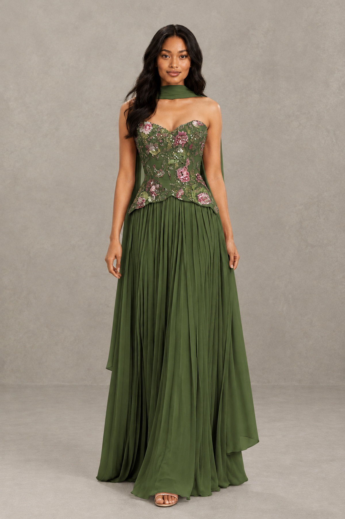BOLODOO Olive Green Strapless Beaded Floral Corset Chiffon Maxi Gown – Open Back Prom & Formal Evening Dress - Olive Green - Olive Green_03