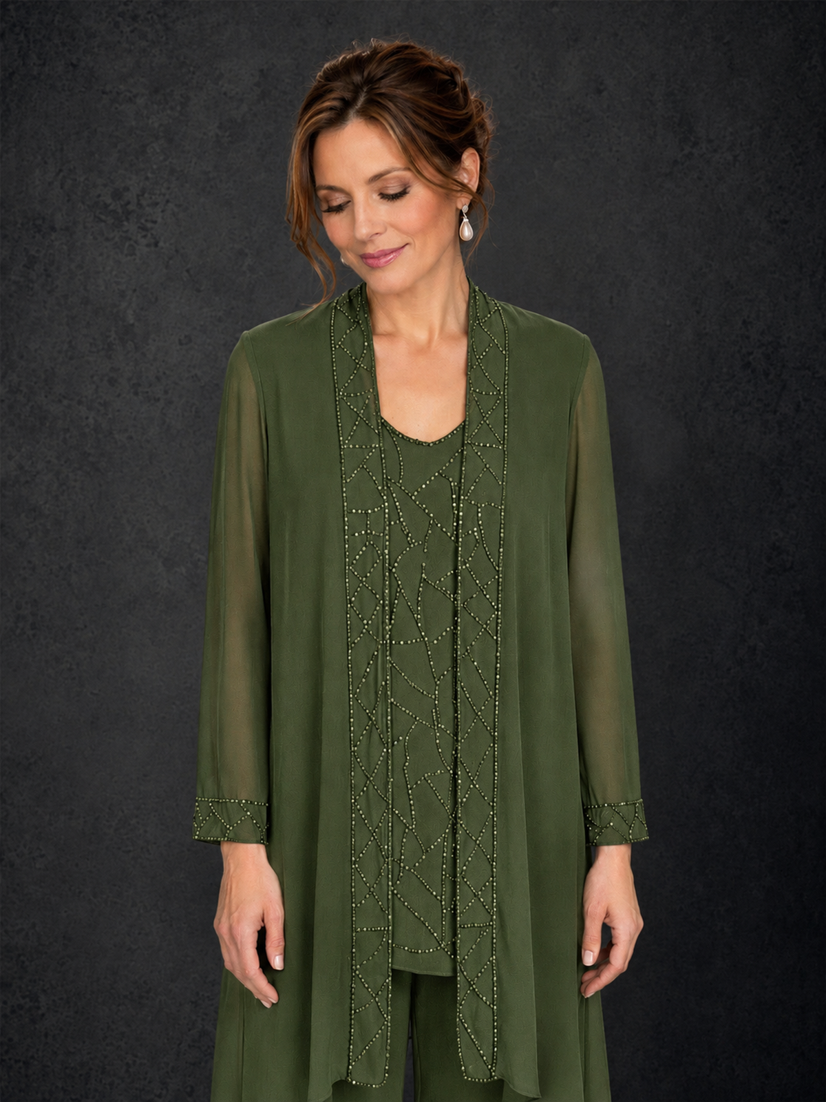 BOLODOO Olive Green 3-Piece Beaded Chiffon Duster Jacket Pant Suit - Olive Green - Olive Green_03