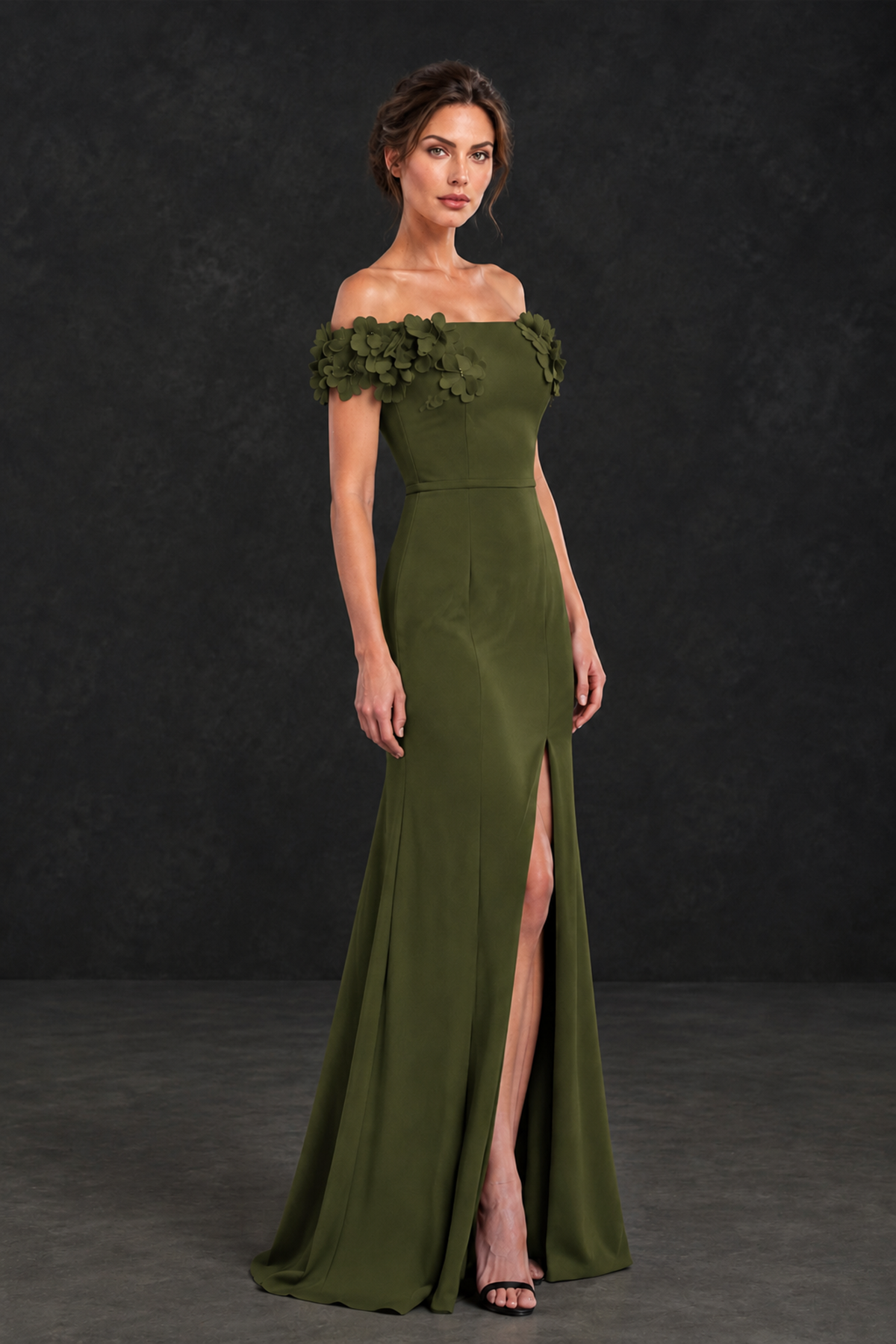 BOLODOO Olive Green Off-the-Shoulder Mother of the Bride Dress with Floral Appliques - Olive Green - Olive Green_03