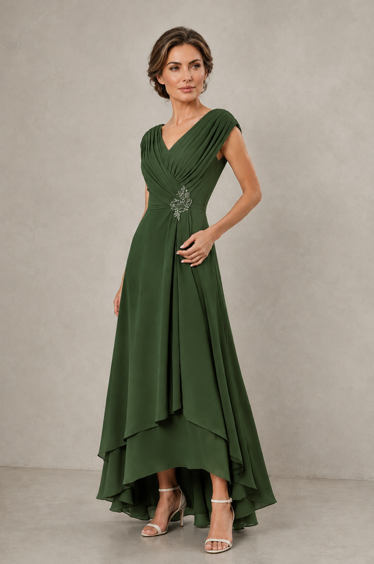 BOLODOO Olive Green V-Neck High-Low Mother of the Bride Dress - Olive Green - Olive Green_03