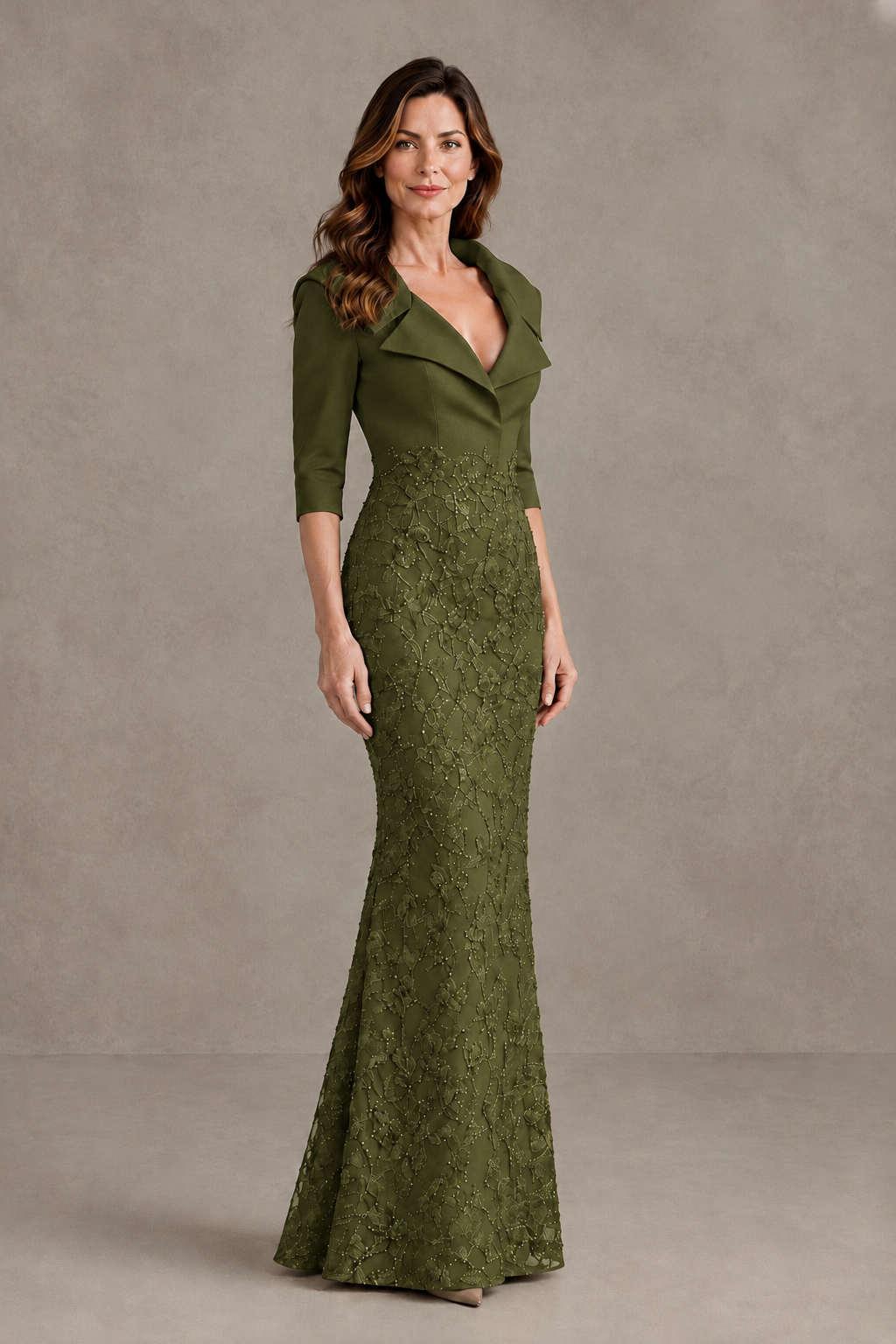 BOLODOO Olive Green Three-Quarter Sleeve Mermaid Evening Dress with Floral Detail - Olive Green - Olive Green_03
