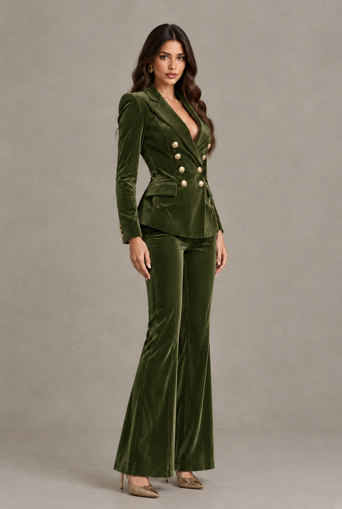 BOLODOO Olive Green Velvet Double-Breasted Blazer & Pants Two-Piece Suit - Olive Green - Olive Green_03