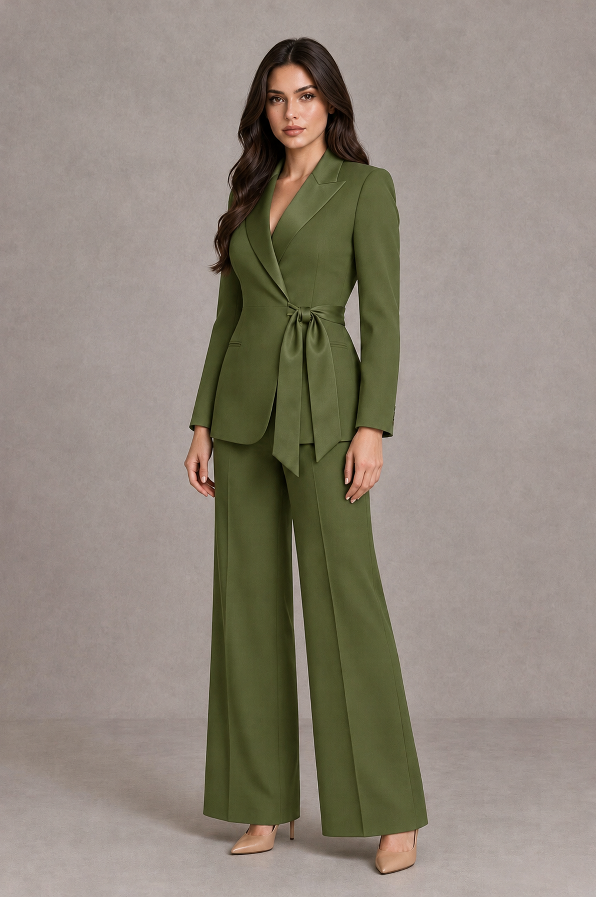BOLODOO Olive Green Tie-Waist Blazer & Wide-Leg Pantsuit - Olive Green - Olive Green_03