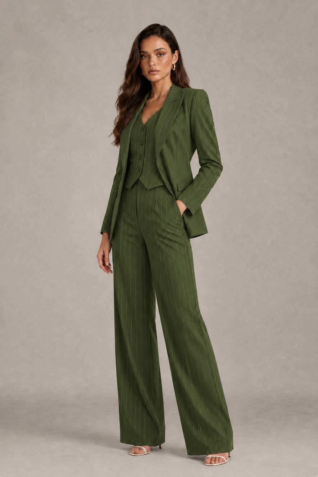 BOLODOO Women's Olive Green Pinstripe Three-Piece Pantsuit with Wide-Leg Trousers - Olive Green - Olive Green_03