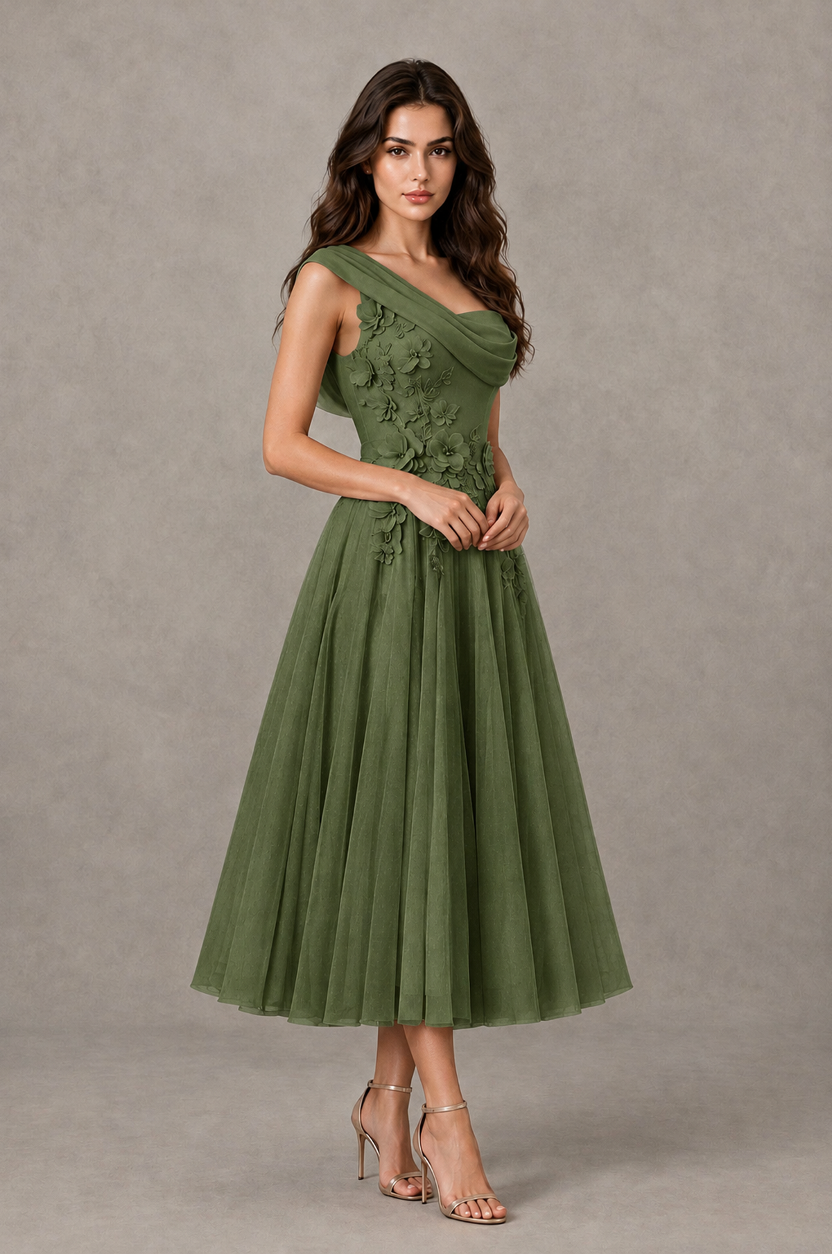 BOLODOO Olive Green One-Shoulder Floral Tulle Tea-Length Dress - Olive Green - Olive Green_03