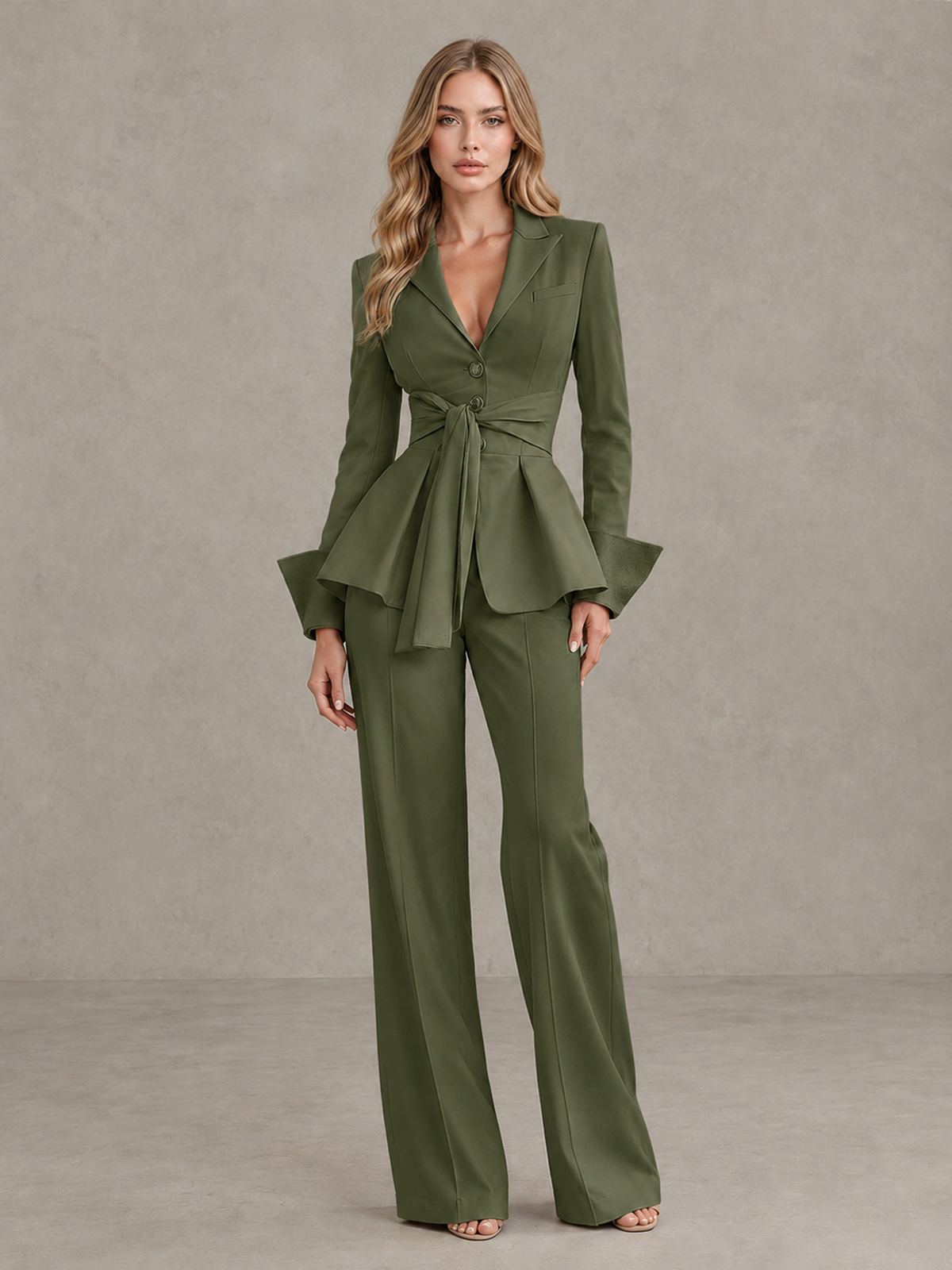 BOLODOO Olive Green Belted Peplum Pantsuit with Long Sleeves & Wide-Leg Trousers - Olive Green - Olive Green_03