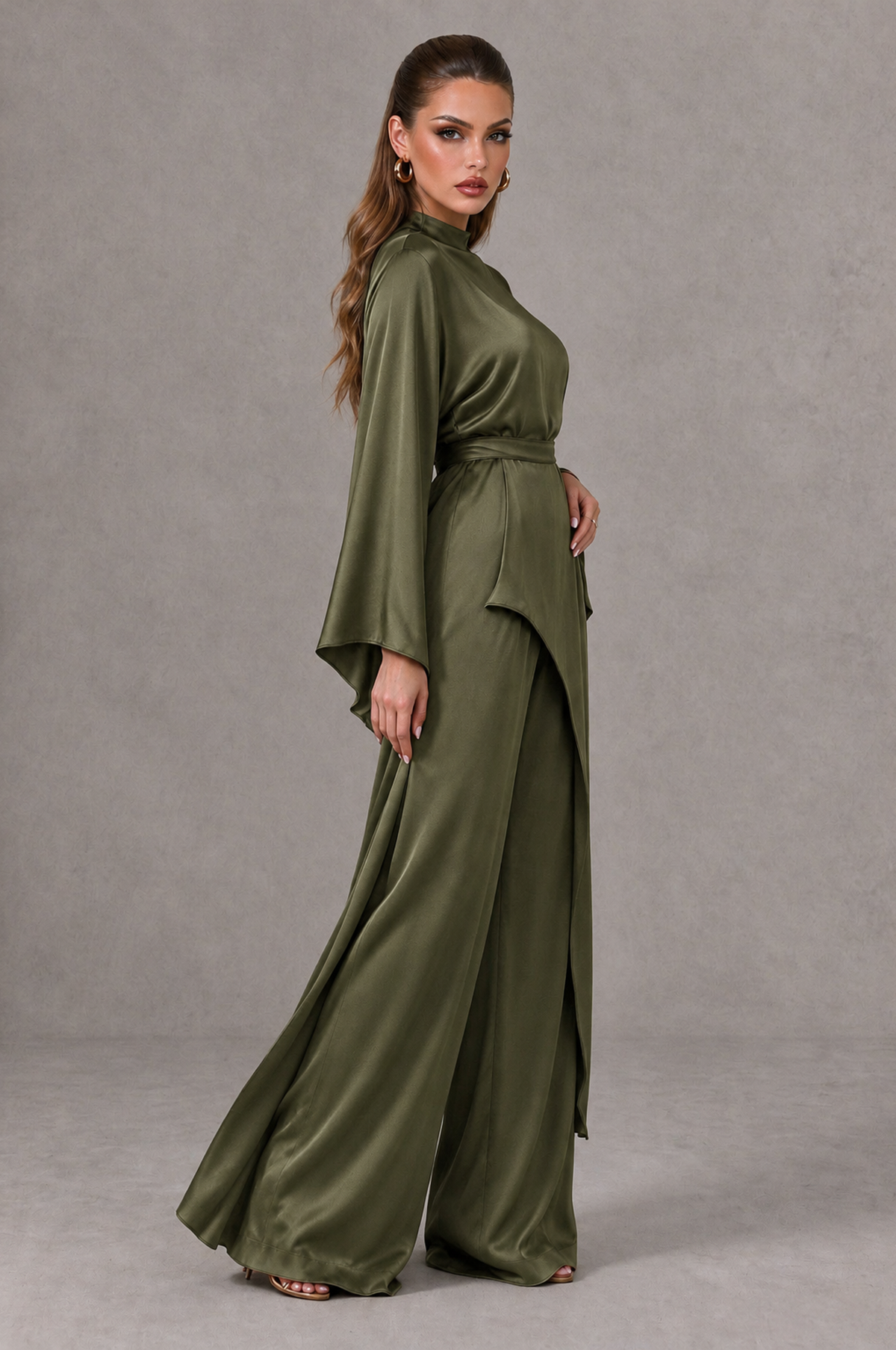 BOLODOO Olive Green Satin-Look Long Sleeve Wide-Leg Jumpsuit - Olive Green - Olive Green_03