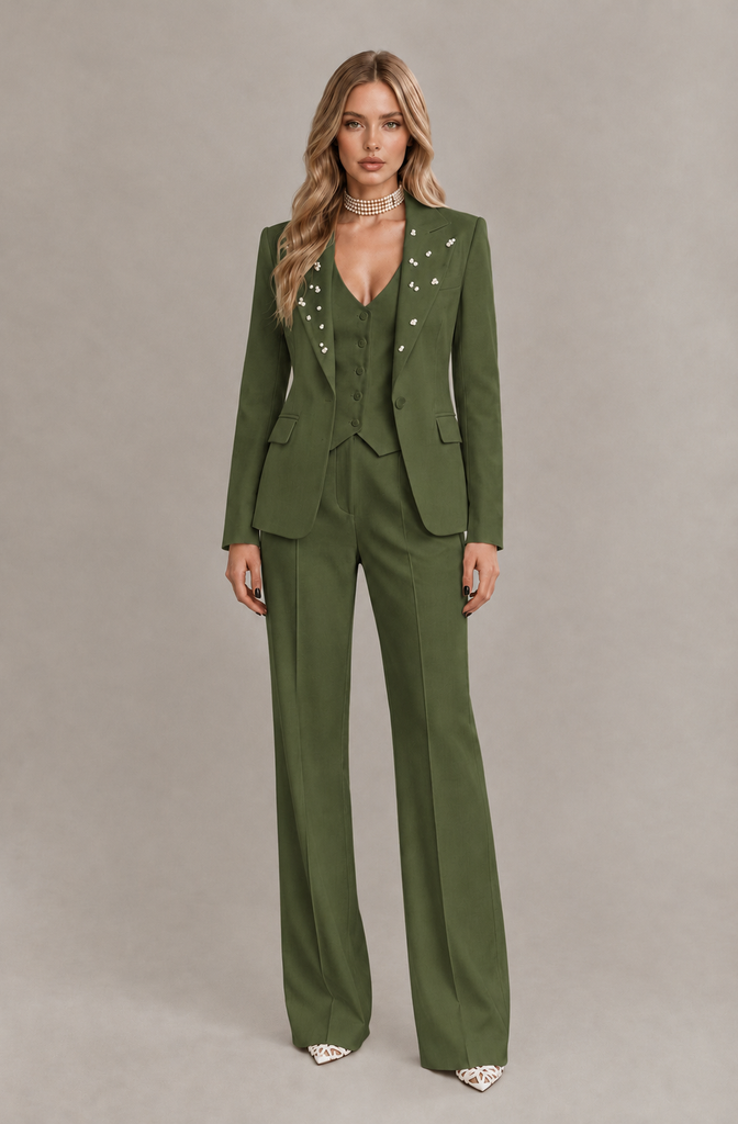 BOLODOO Olive Green Women's Three-Piece Pantsuit with Blazer & Vest - Olive Green - Olive Green_03
