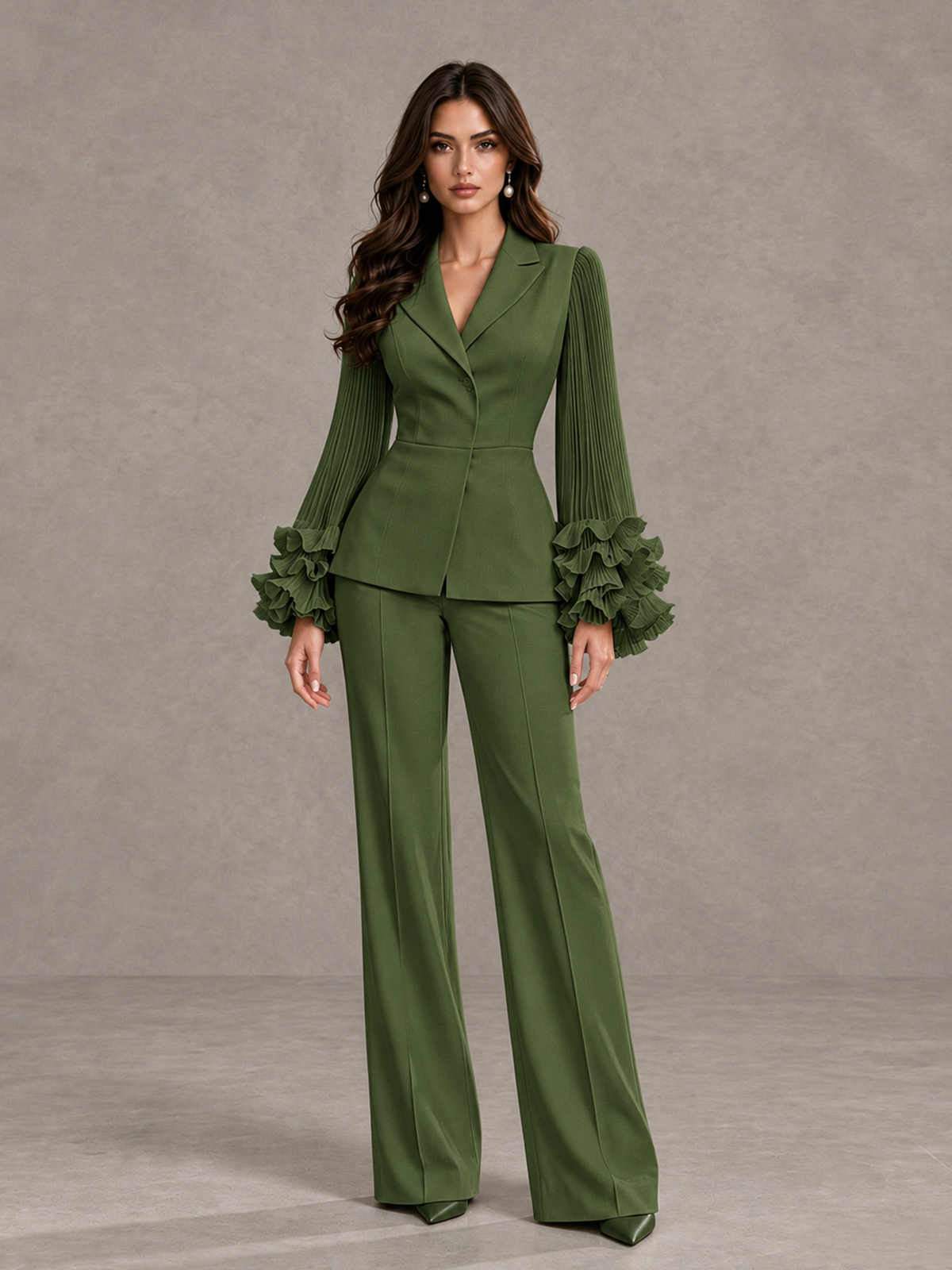 BOLODOO Olive Green Mother of the Bride Pant Suit – Pleated Long Sleeve Ruffle Cuff Wide Leg Trouser Suit - Olive Green - Olive Green_03