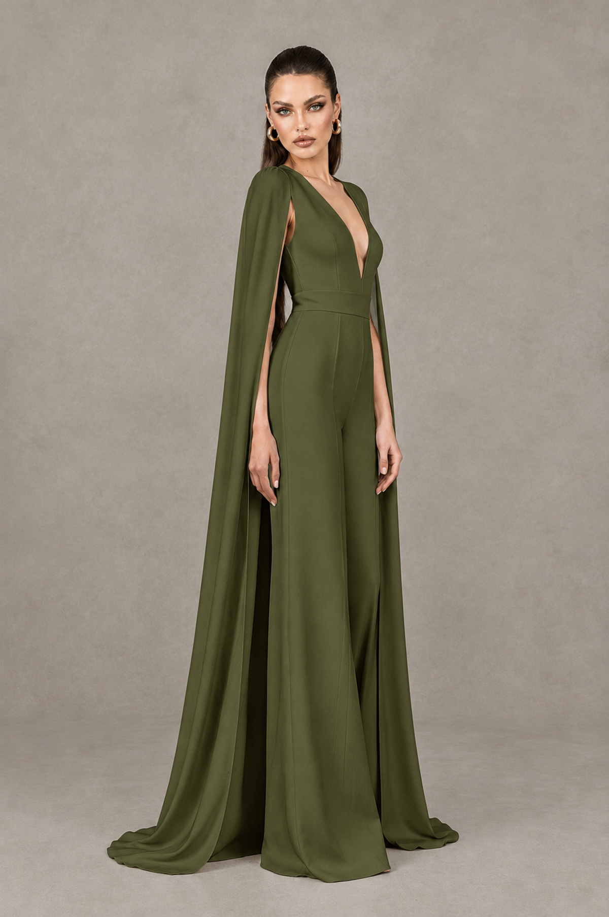 BOLODOO Olive Green Deep V-Neck Cape Sleeve Bridal Jumpsuit - Olive Green - Olive Green_03