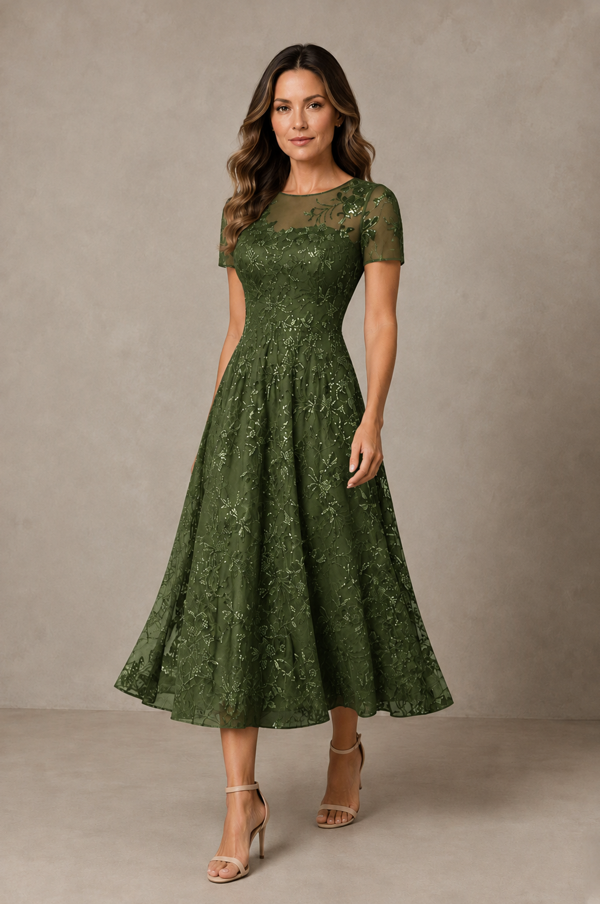 BOLODOO Olive Green Textured Floral A-Line Dress with Short Sleeves - Olive Green - Olive Green_03