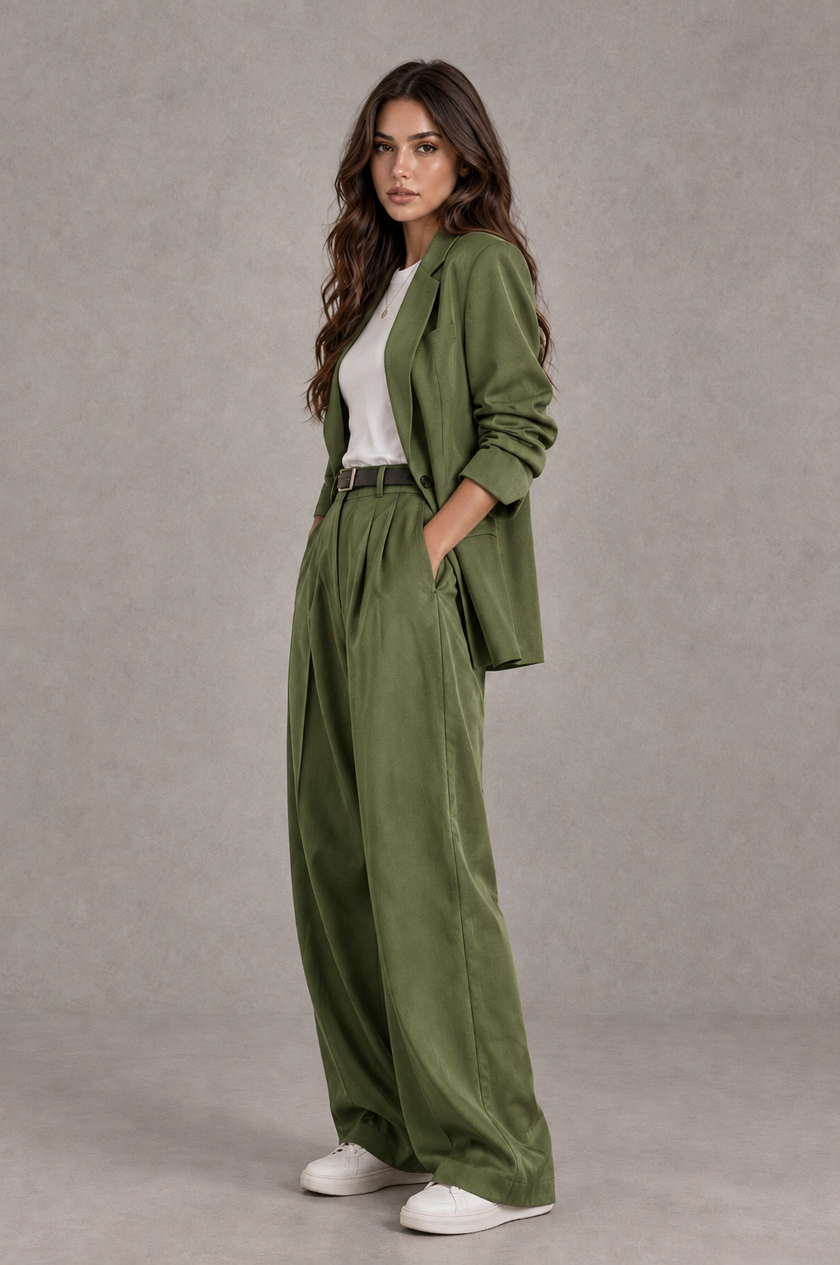 BOLODOO Olive Green Brown Blazer & Wide-Leg Pants Suit for Women - Olive Green - Olive Green_03