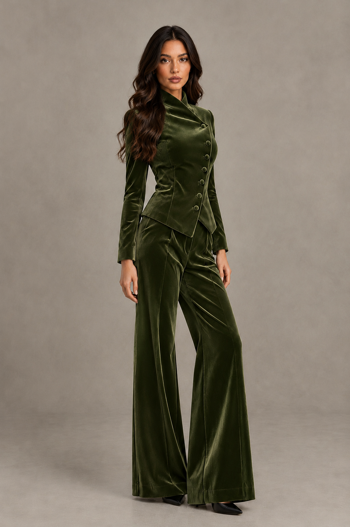 BOLODOO Olive Green Velvet Two-Piece Pantsuit with Long Sleeve Blazer & Wide-Leg Trousers - Olive Green - Olive Green_03