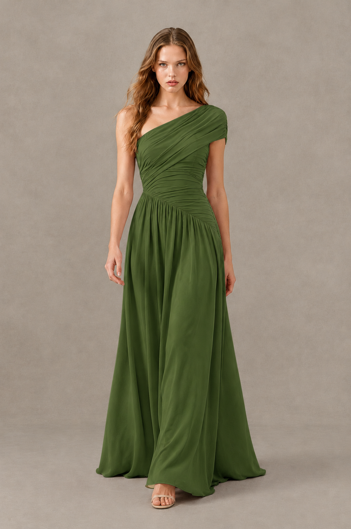 BOLODOO Olive Green One-Shoulder Ruched Floor-Length Bridesmaid Dress - Olive Green - Olive Green_03