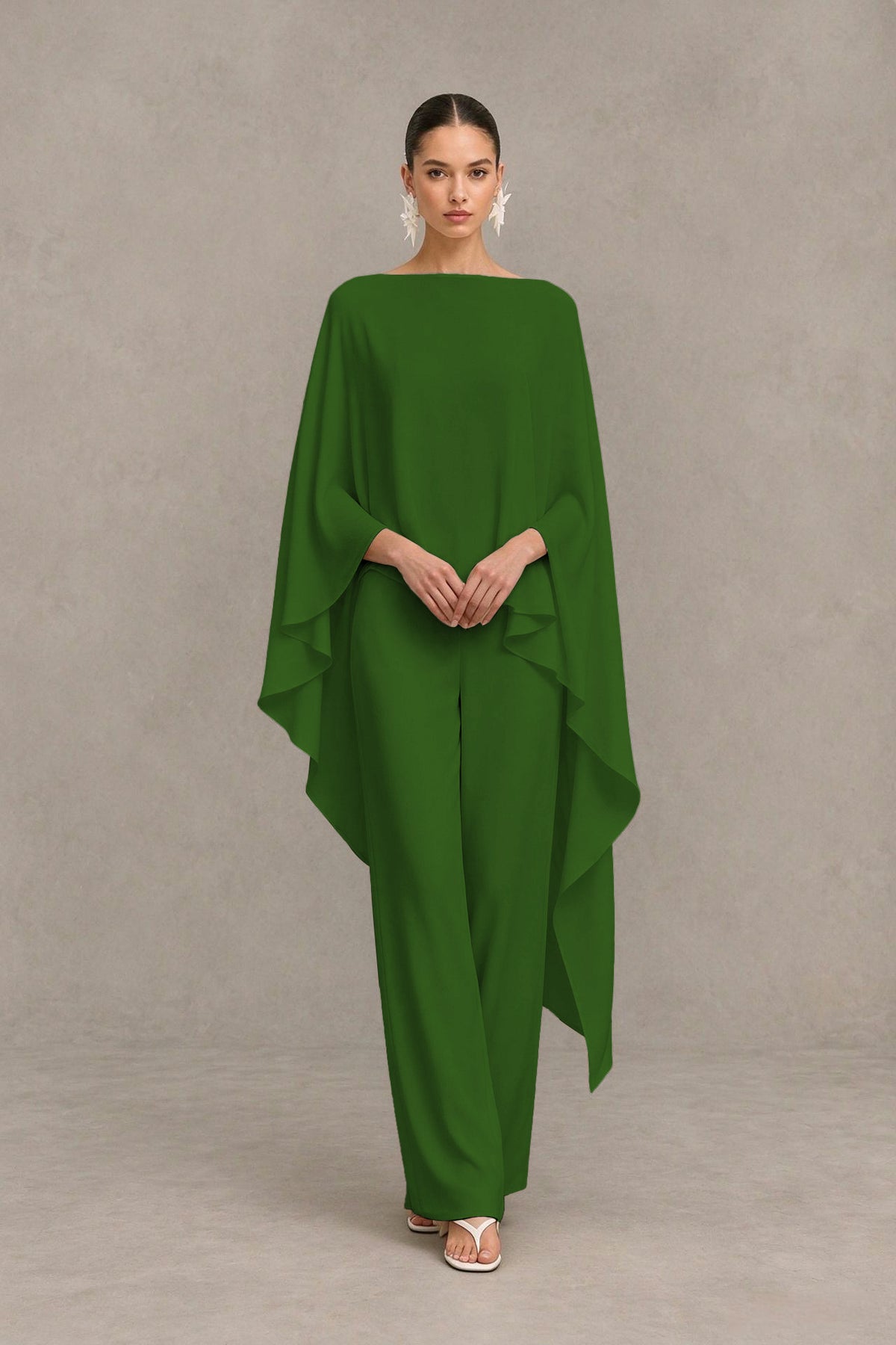 BOLODOO Olive Green Cape Sleeve Wide-Leg Formal Pantsuit - Olive Green - Olive Green_04