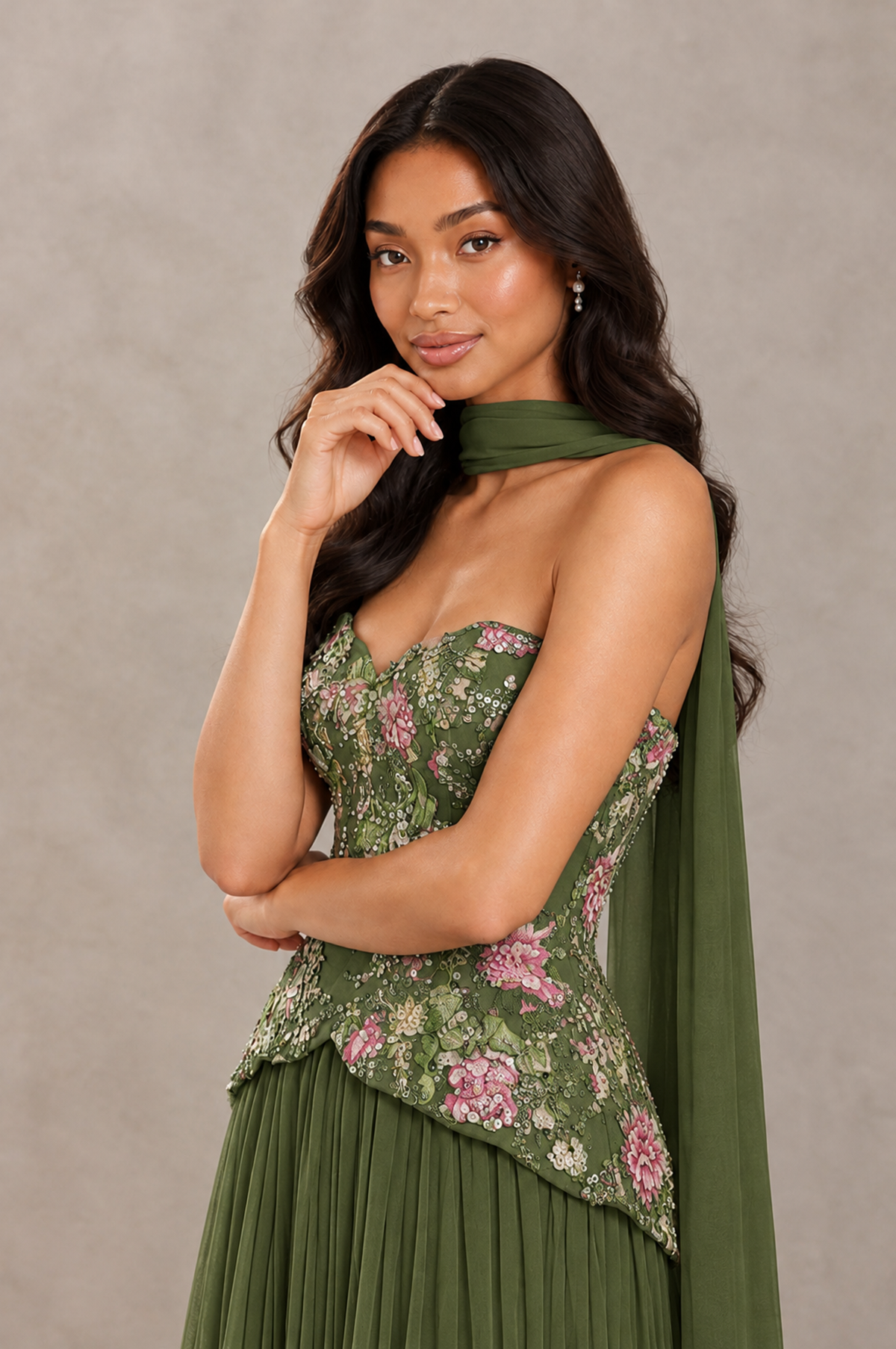 BOLODOO Olive Green Strapless Beaded Floral Corset Chiffon Maxi Gown – Open Back Prom & Formal Evening Dress - Olive Green - Olive Green_04
