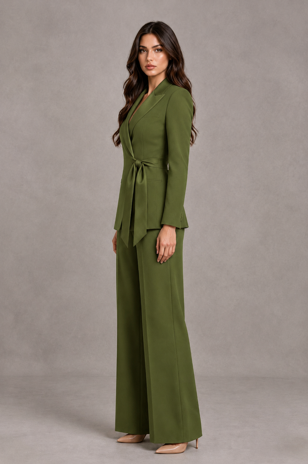 BOLODOO Olive Green Tie-Waist Blazer & Wide-Leg Pantsuit - Olive Green - Olive Green_04