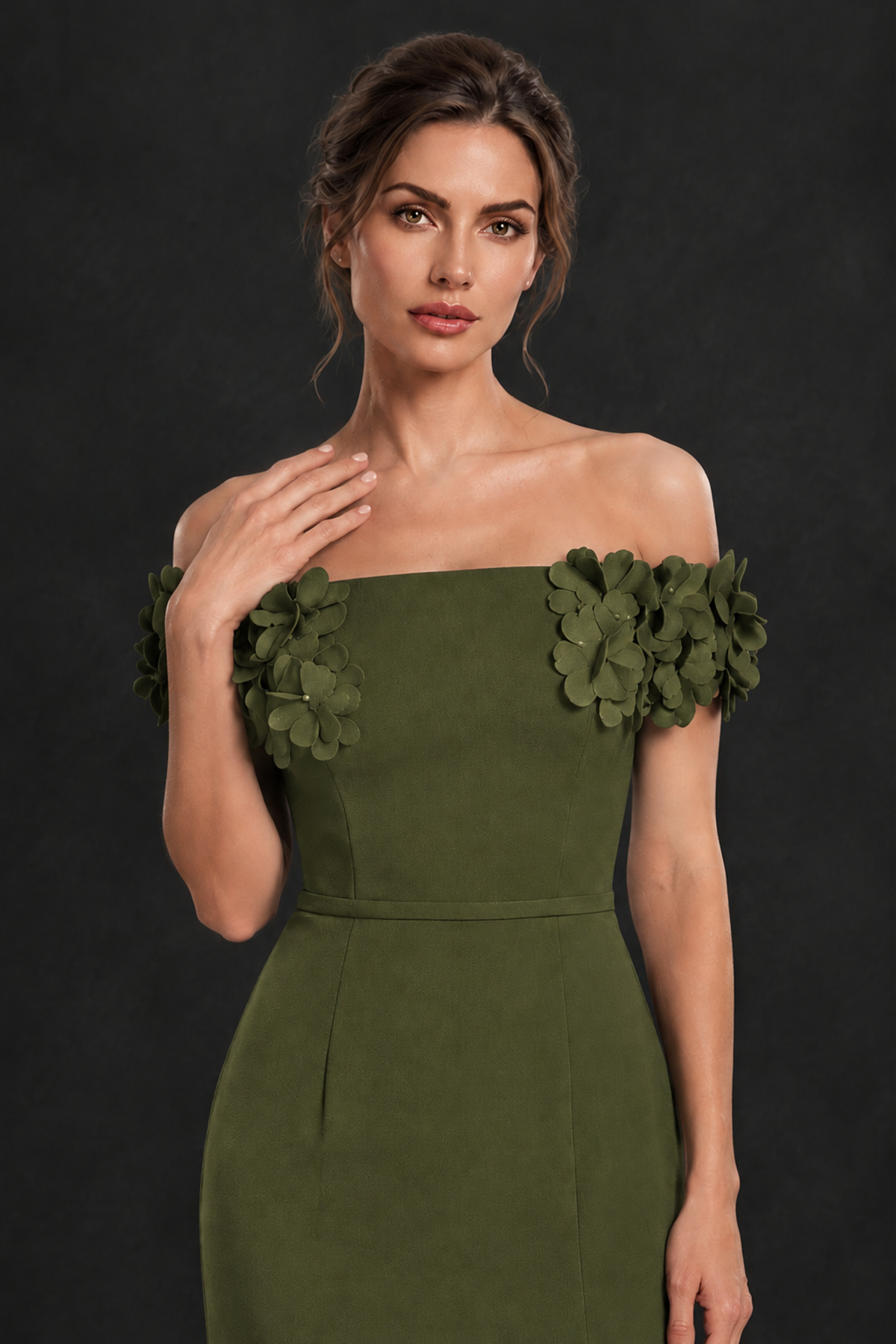 BOLODOO Olive Green Off-the-Shoulder Mother of the Bride Dress with Floral Appliques - Olive Green - Olive Green_04