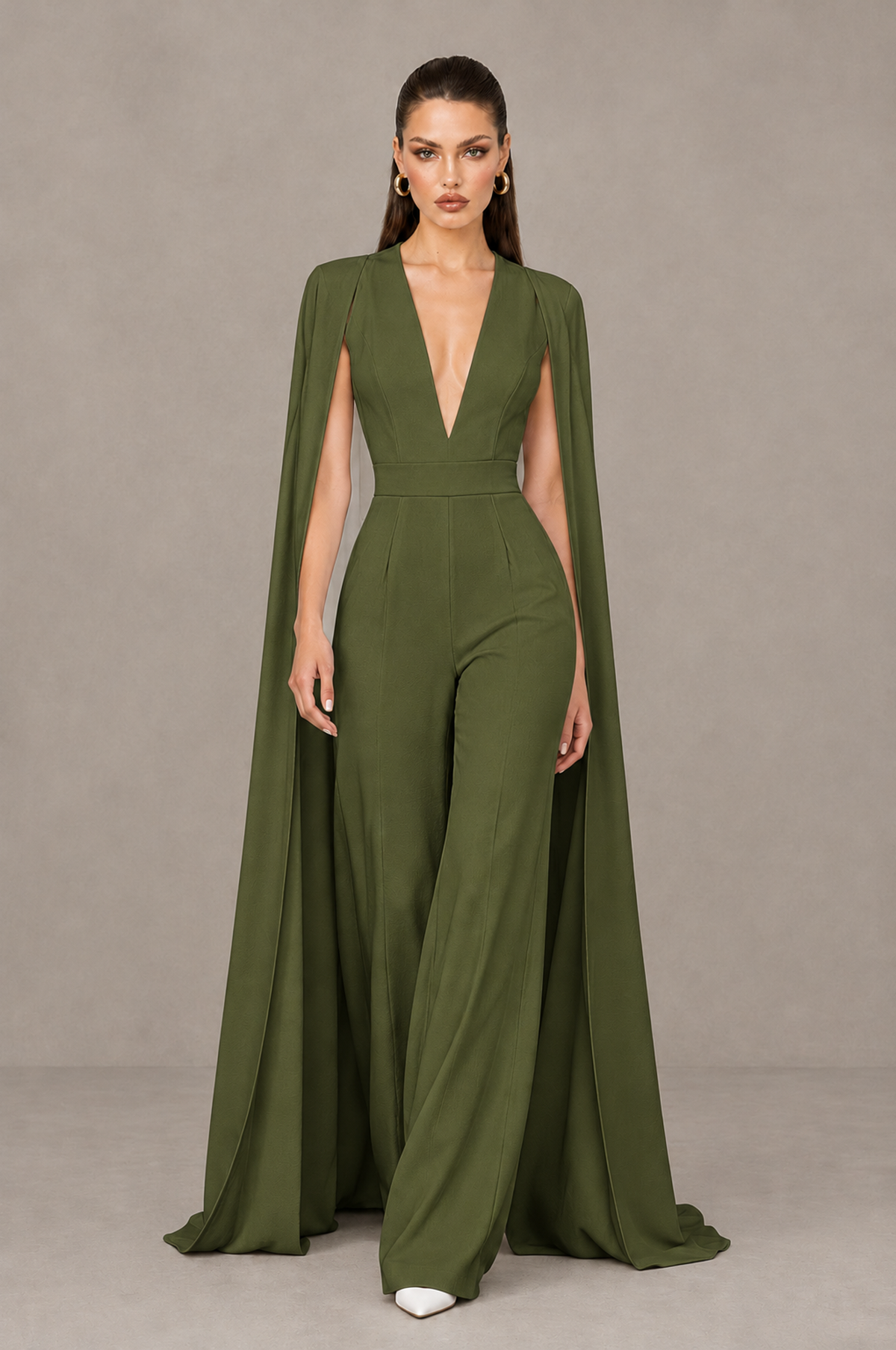 BOLODOO Olive Green Deep V-Neck Cape Sleeve Bridal Jumpsuit - Olive Green - Olive Green_04