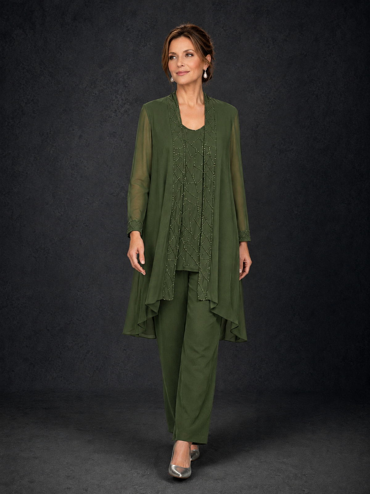 BOLODOO Olive Green 3-Piece Beaded Chiffon Duster Jacket Pant Suit - Olive Green - Olive Green_04