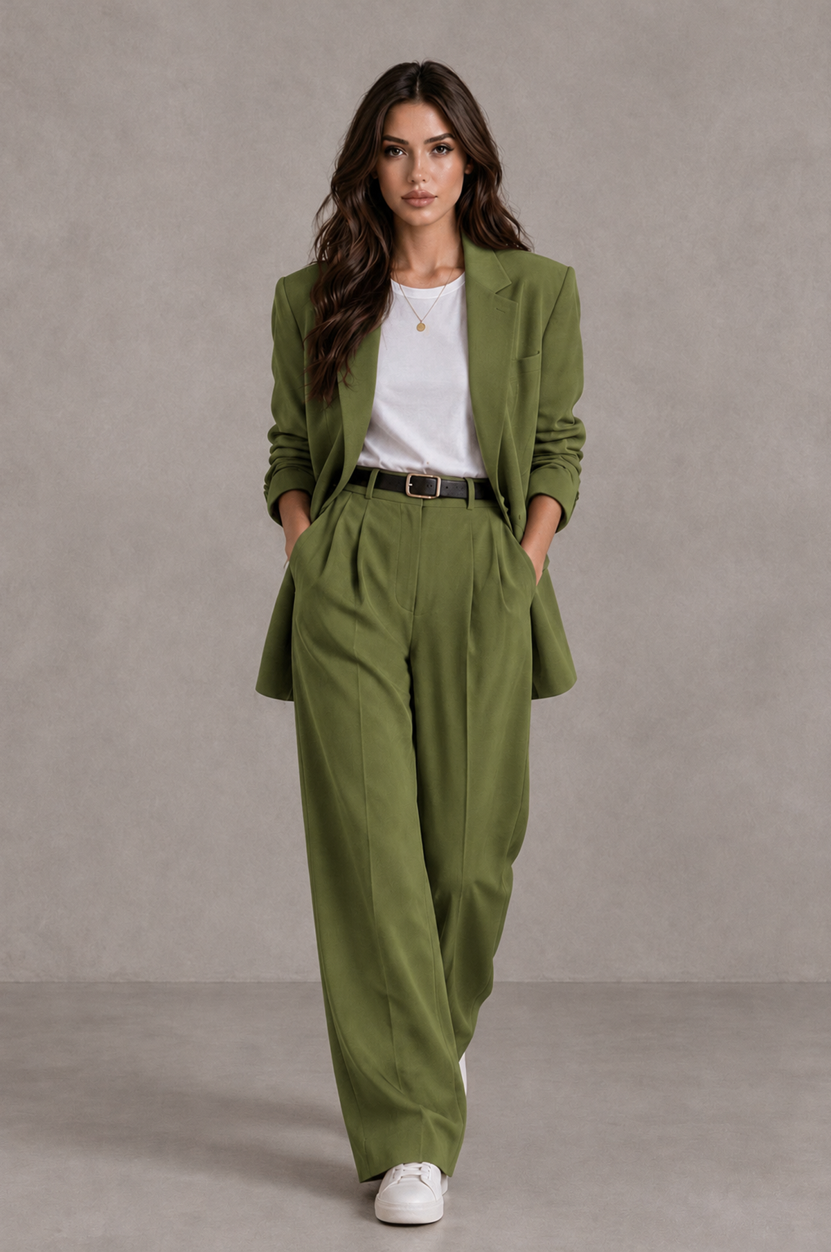 BOLODOO Olive Green Brown Blazer & Wide-Leg Pants Suit for Women - Olive Green - Olive Green_04