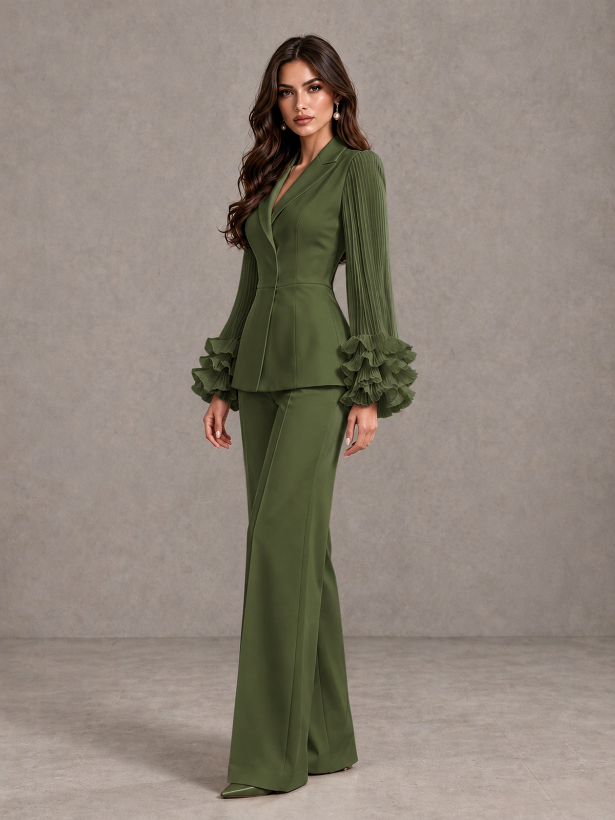 BOLODOO Olive Green Mother of the Bride Pant Suit – Pleated Long Sleeve Ruffle Cuff Wide Leg Trouser Suit - Olive Green - Olive Green_04