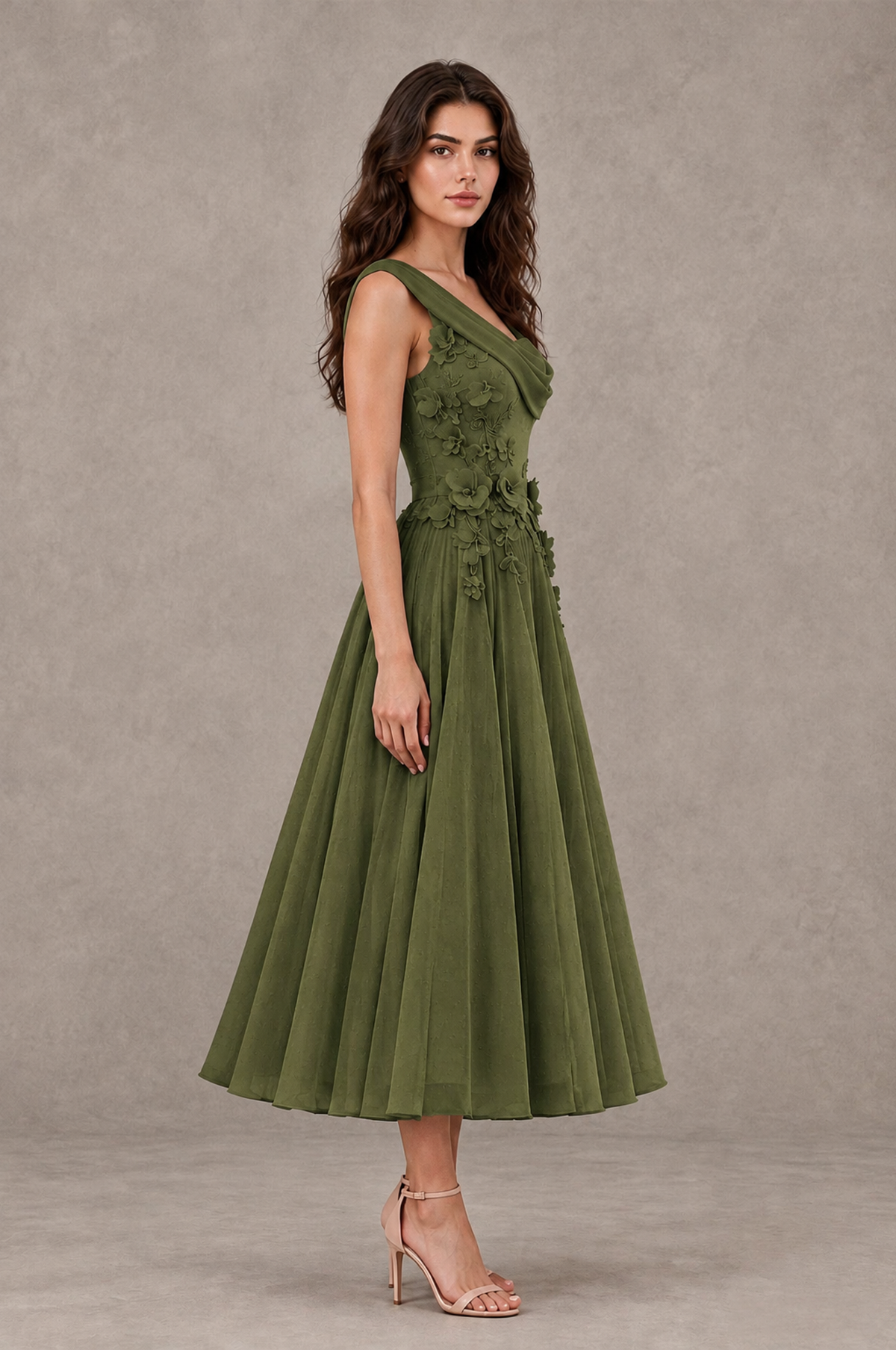 BOLODOO Olive Green One-Shoulder Floral Tulle Tea-Length Dress - Olive Green - Olive Green_04