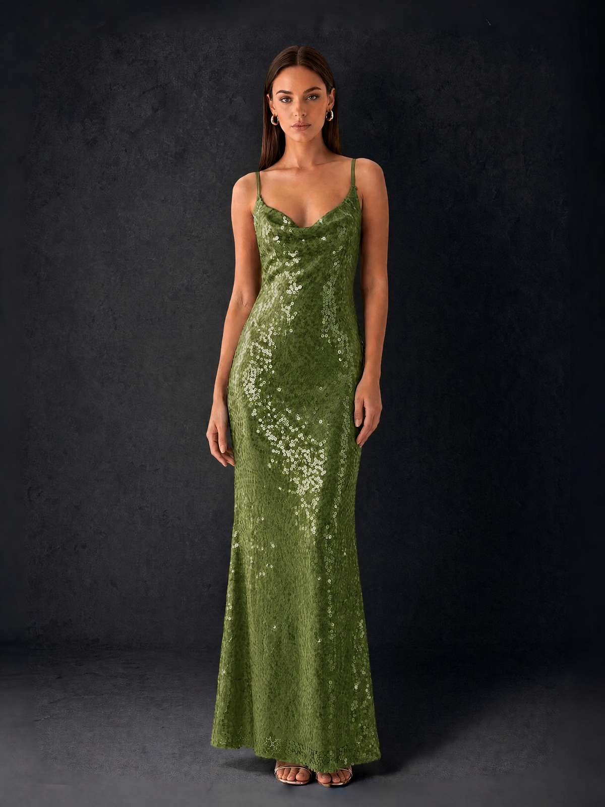 BOLODOO Bronze Sequin Cowl Neck Spaghetti Strap Mermaid Maxi Dress with Open Criss-Cross Back - Olive Green - Olive Green