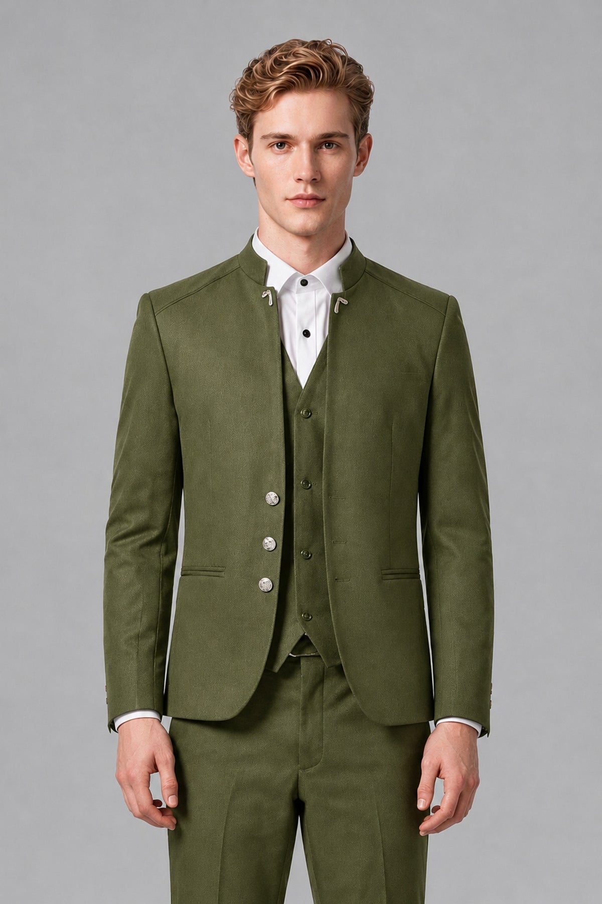 Bolodoo Men's Olive Green Mandarin Collar 3-Piece Suit – Jacket, Vest & Trousers - Olive Green - Olive Green_1