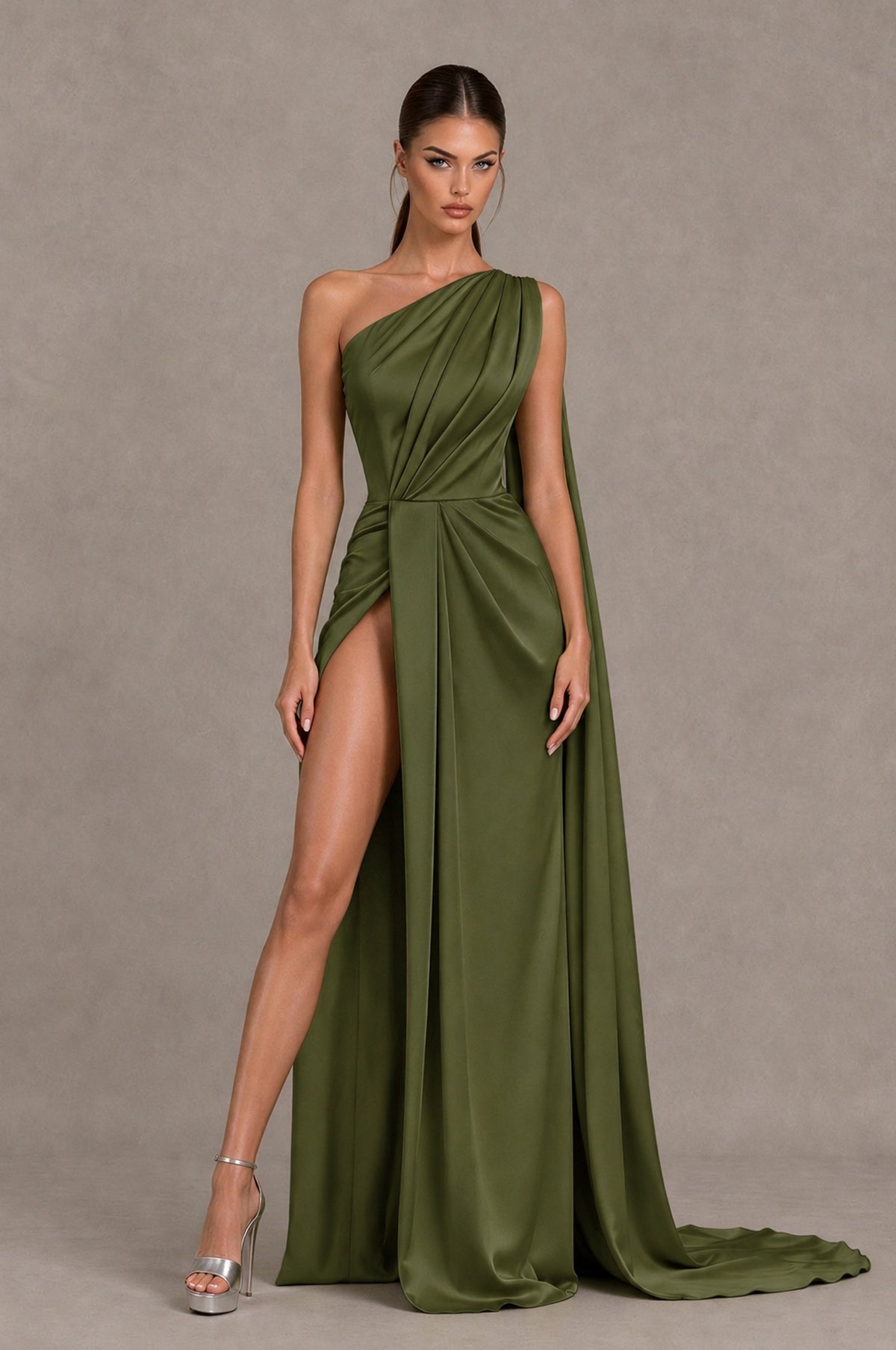 BOLODOO Olive Green One Shoulder Satin Evening Dress with High Slit and Draped Cape Train - Olive Green - Olive Green_1