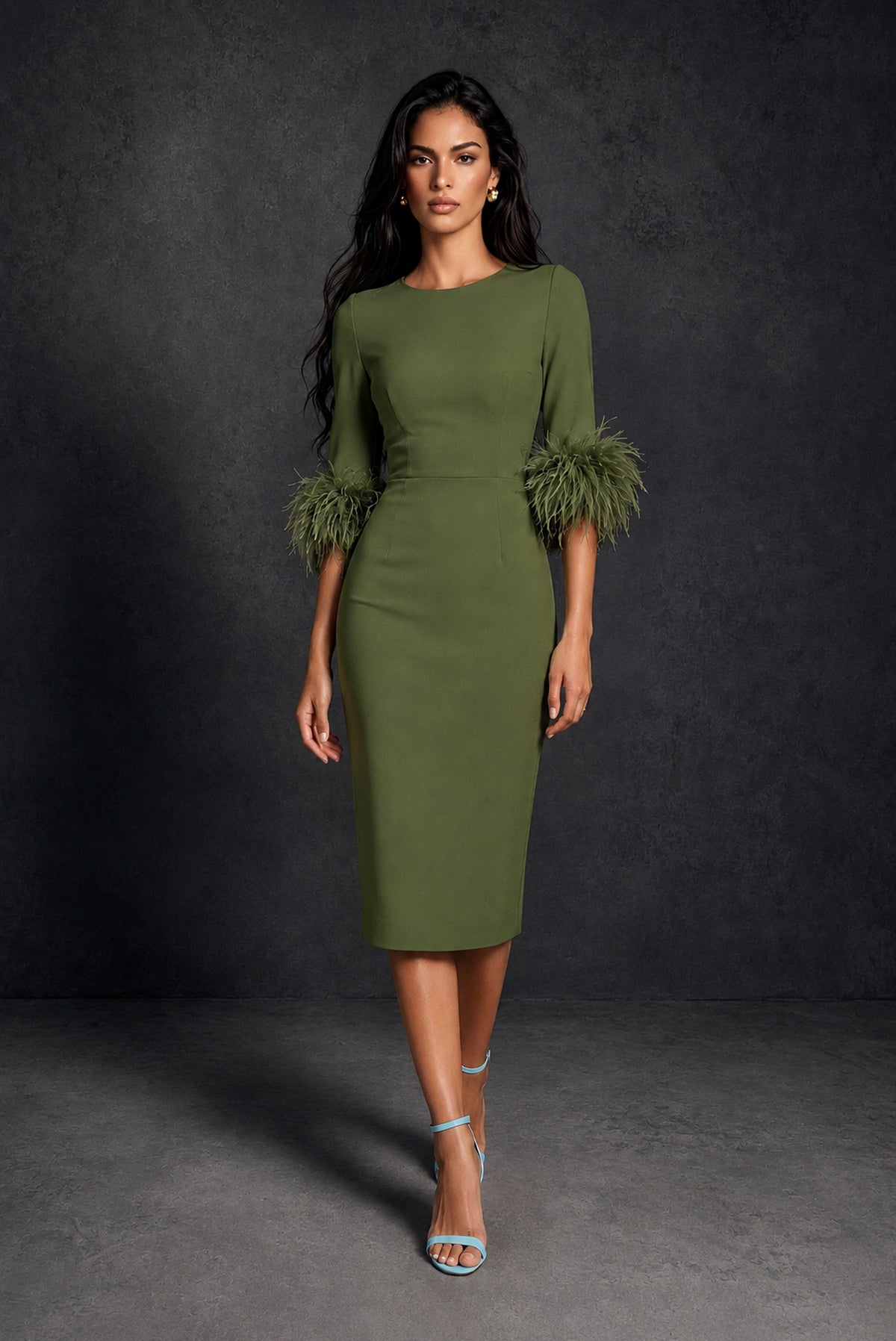 BOLODOO Olive Green Ostrich Feather Cuff 3/4 Sleeve Round Neck Bodycon Midi Dress with Back Slit - Olive Green