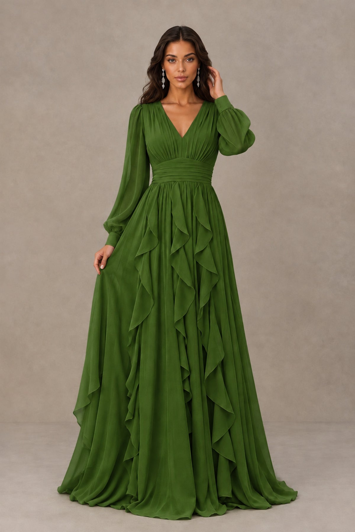 BOLODOO Olive Green Long Sleeve V-Neck Ruffle Maxi Dress - Olive Green