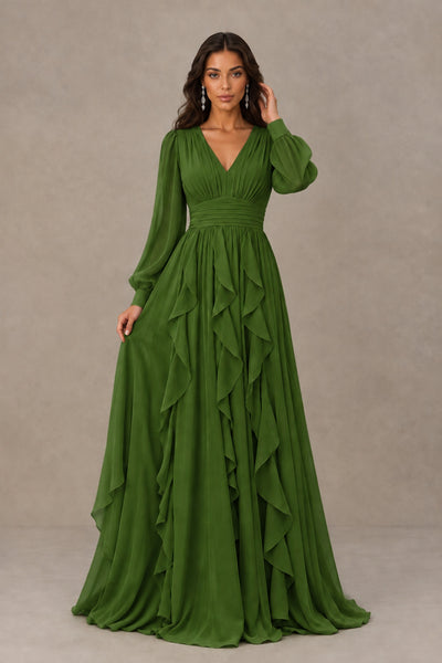 BOLODOO Olive Green Long Sleeve V-Neck Ruffle Maxi Dress - Olive Green