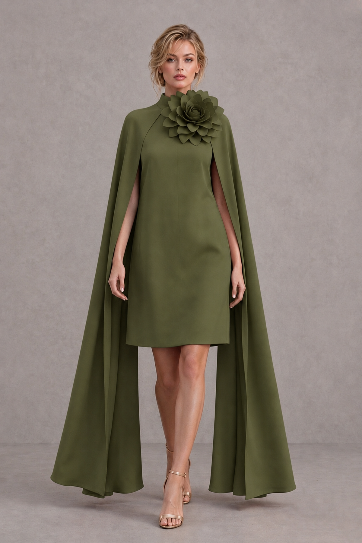 BOLODOO Olive Green High Neck Floral Cape Mini Cocktail Dress - Olive Green - Olive Green_1