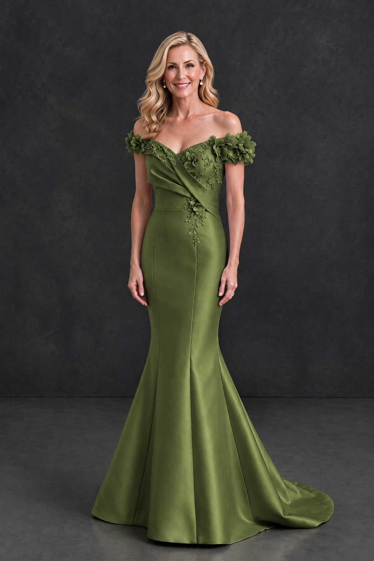 BOLODOO Olive Green Off-Shoulder Floral Mermaid Mother of the Bride Dress - Olive Green - Olive Green_1