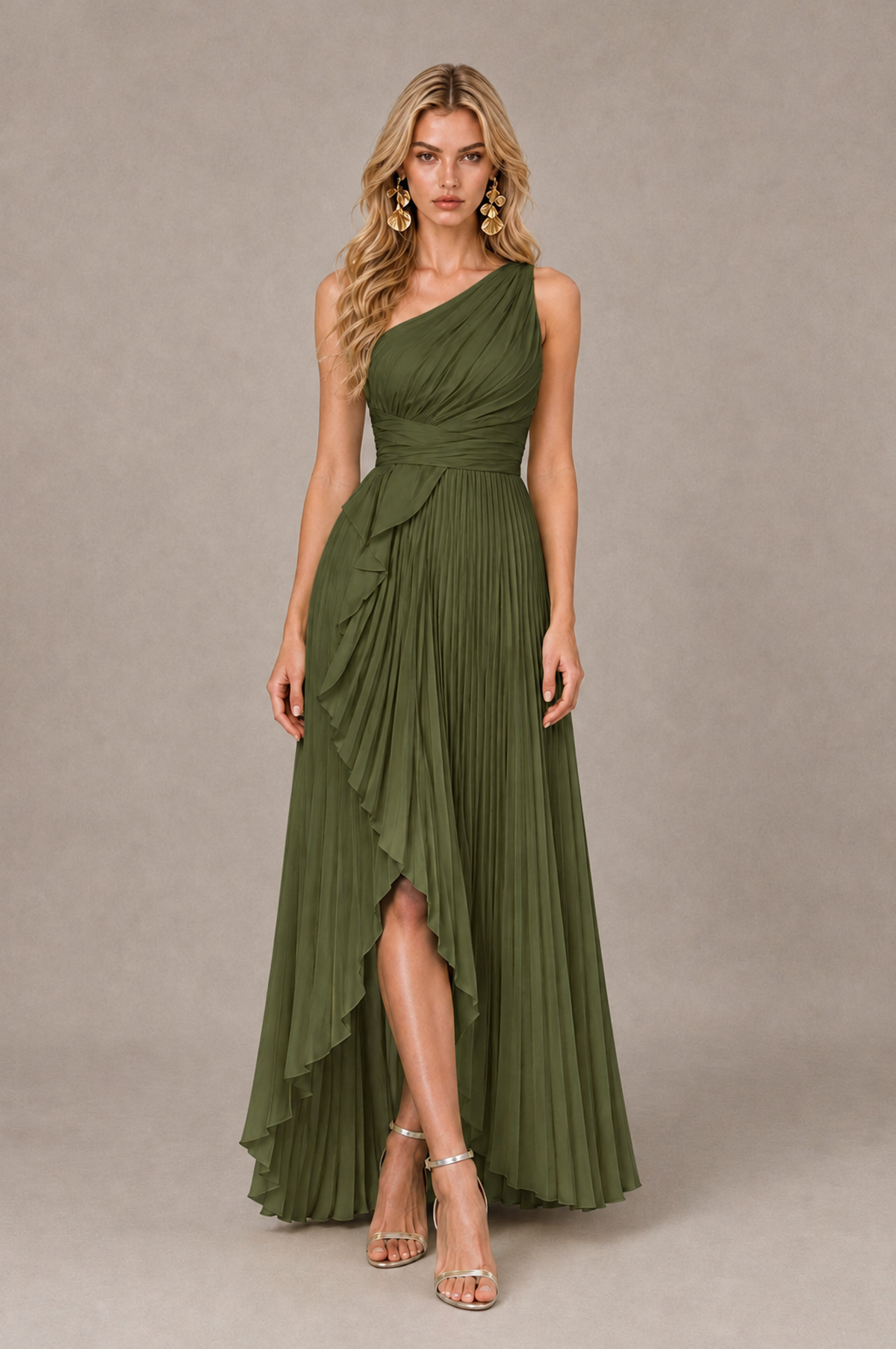 BOLODOO Olive Green One-Shoulder High-Low Ruffle Maxi Dress - Olive Green - Olive_Green_1