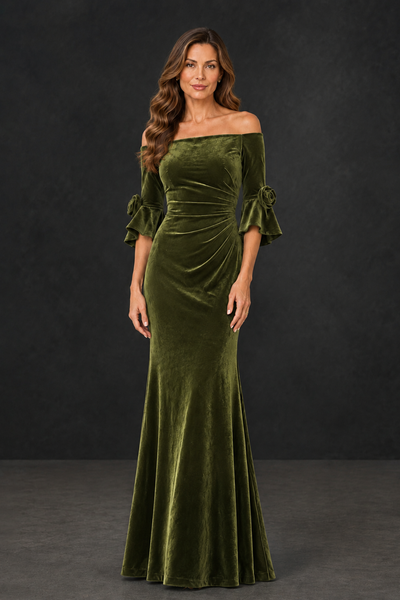 BOLODOO Olive Green Velvet Mother of the Bride Dress with Rosette Sleeves - Olive Green - Olive_Green_1