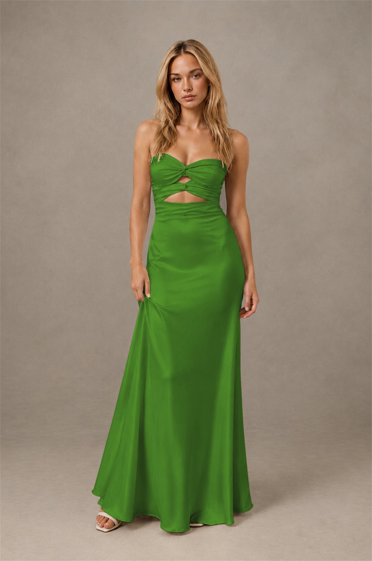BOLODOO Olive Green Sweetheart Strapless Twist Knot Cutout Lace-Up Back Satin Mermaid Maxi Dress - Olive Green - Olive Green(1)
