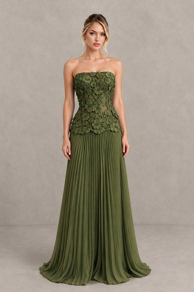 BOLODOO Olive Green Strapless Floral Applique Pleated Evening Dress - Olive Green - Olive Green_1