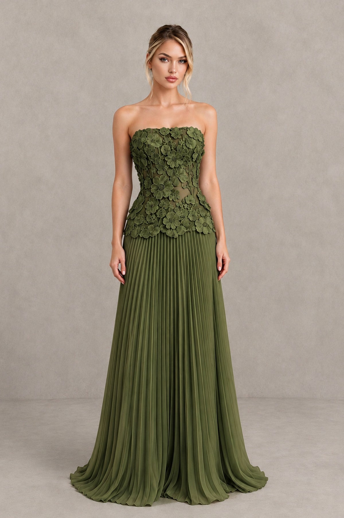 BOLODOO Olive Green Strapless Floral Applique Pleated Evening Dress - Olive Green - Olive Green_1